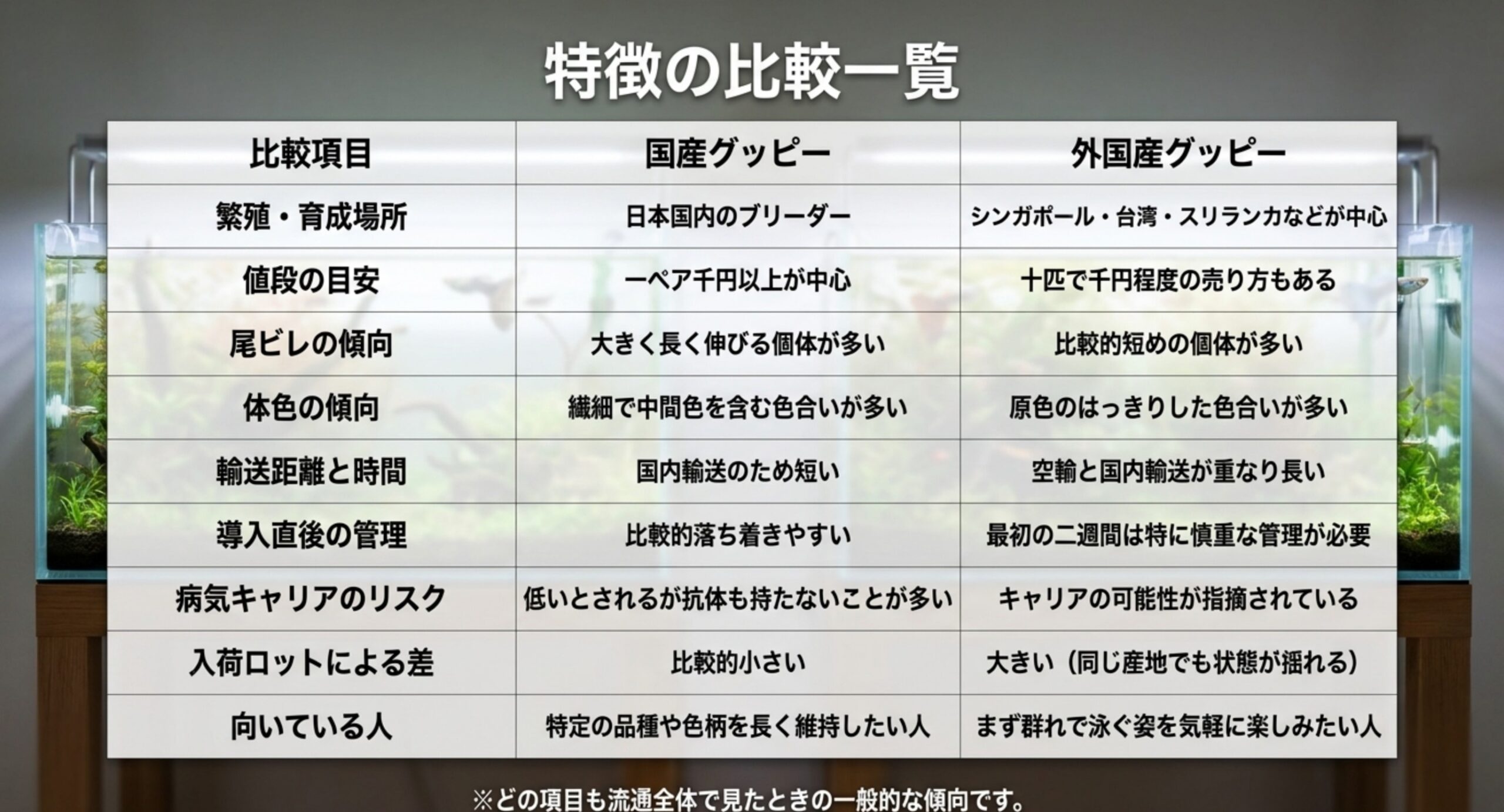 繁殖地、値段の目安、尾ビレと体色の傾向、輸送距離、導入直後の管理、病気キャリアのリスク、入荷ロットの差、向いている人の9項目で国産グッピーと外国産グッピーを並べて比較した表のスライド