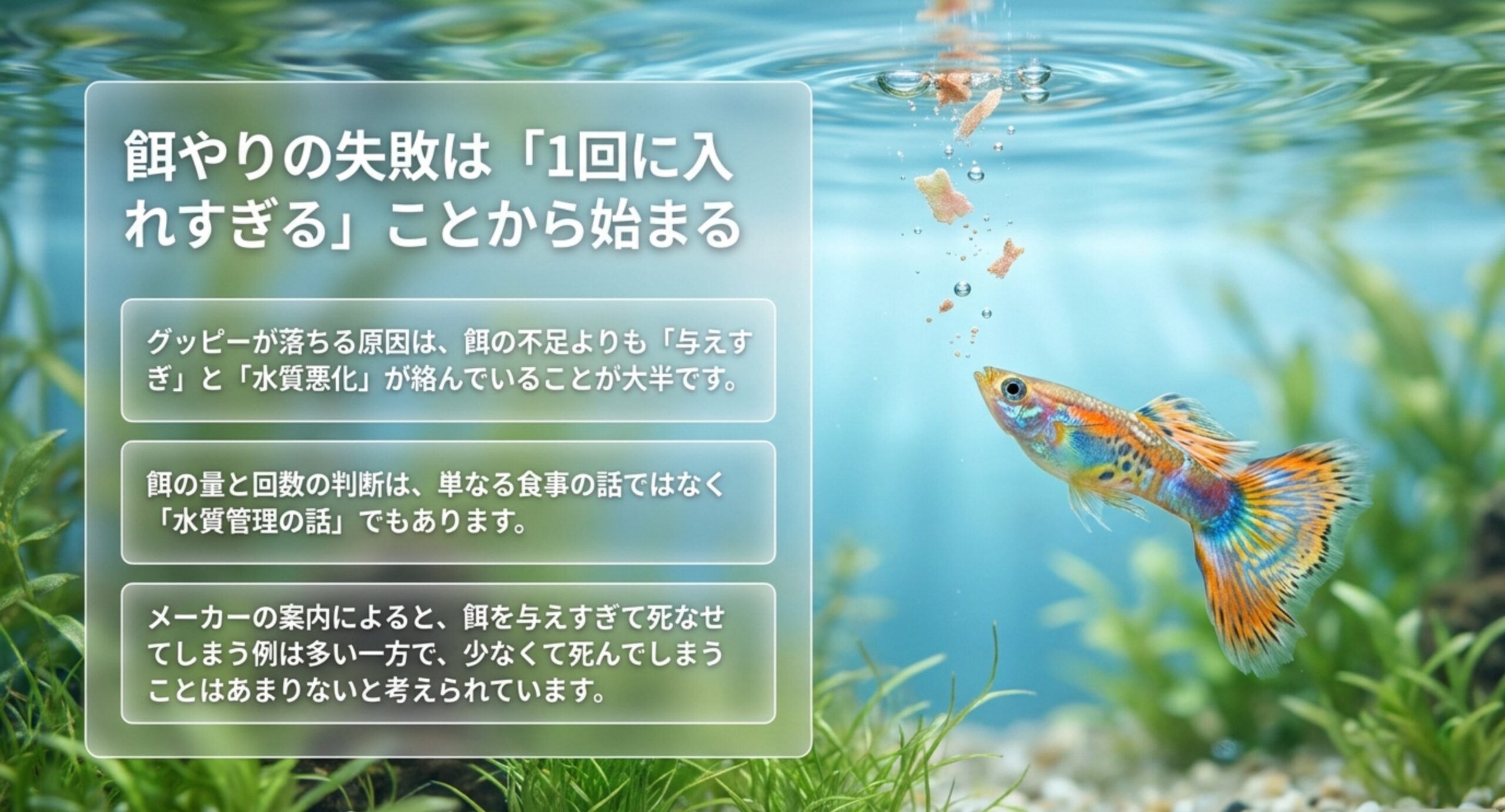 水面に落ちる餌に向かうグッピーの写真とともに、餌の不足より与えすぎと水質悪化が原因になりやすいことを3つの要点で示したスライド