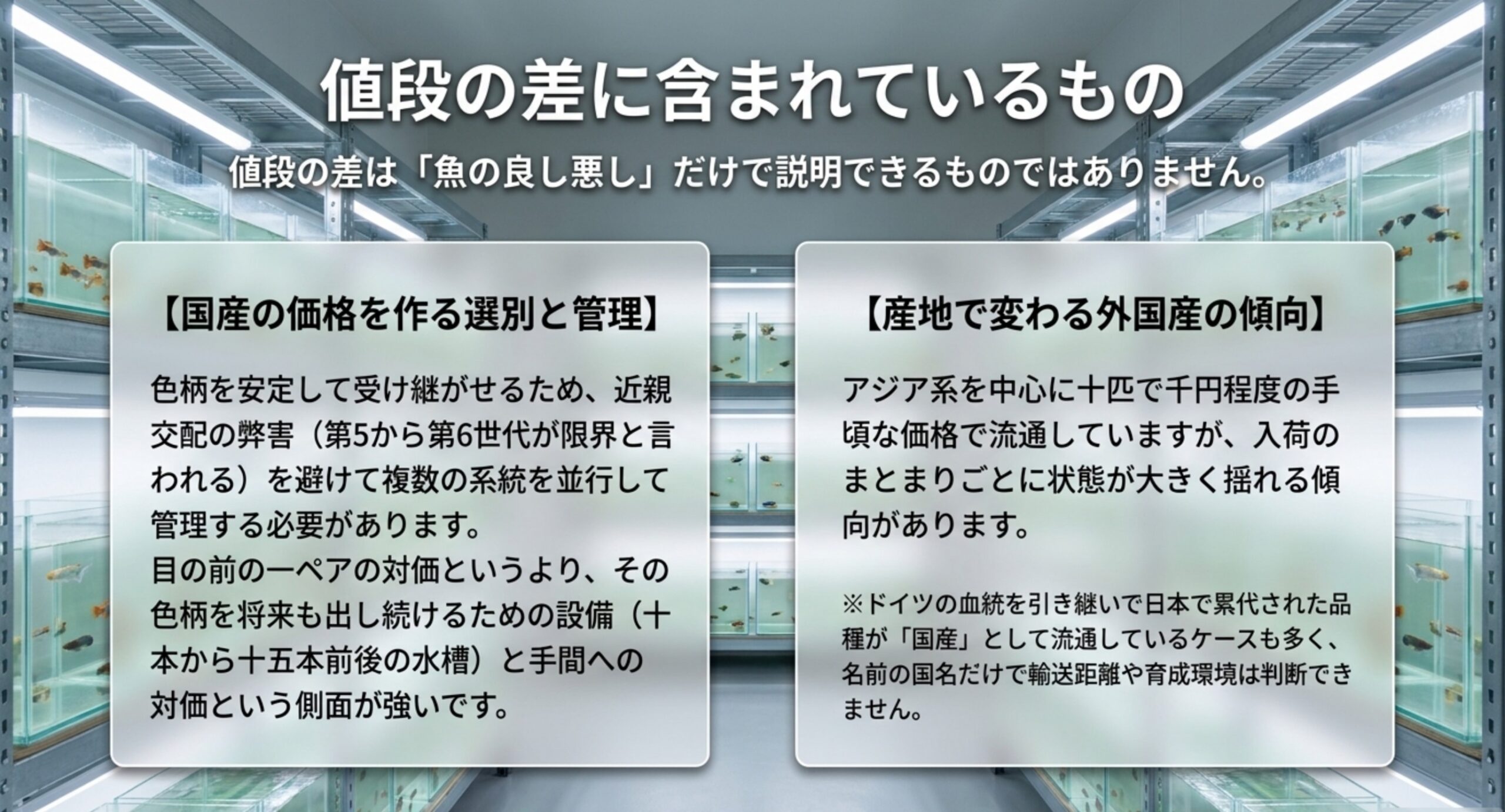 国産グッピーの価格を作る系統管理と選別のコストと、産地によって変わる外国産グッピーの価格傾向を左右に並べて説明したスライド