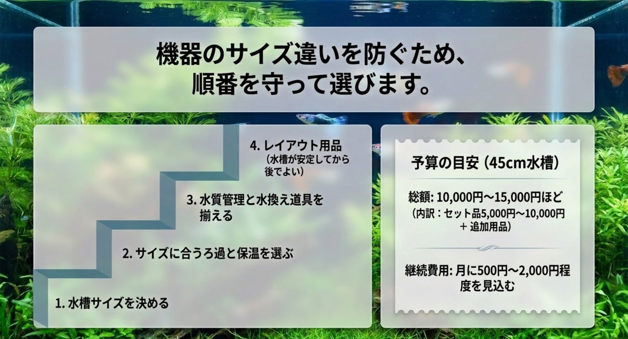 水槽サイズ、ろ過と保温、水質管理と水換え道具、レイアウト用品という4段階の購入順を階段の図で示し、45cm水槽の総額と継続費用の目安を右側に併記したスライド