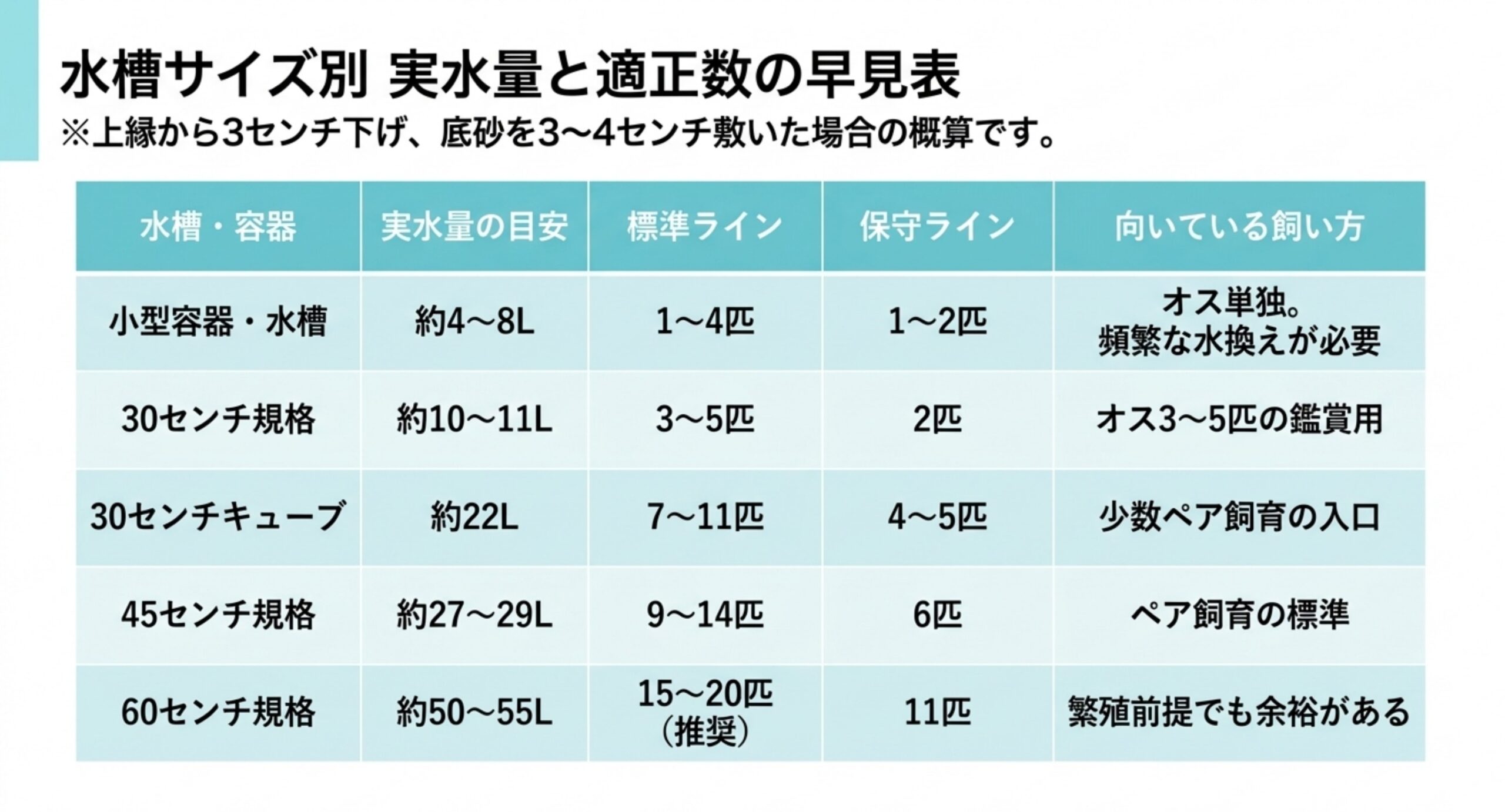 小型容器から60センチ規格まで、水槽サイズごとの実水量の目安と標準ライン・保守ラインの匹数、向いている飼い方をまとめた早見表のスライド