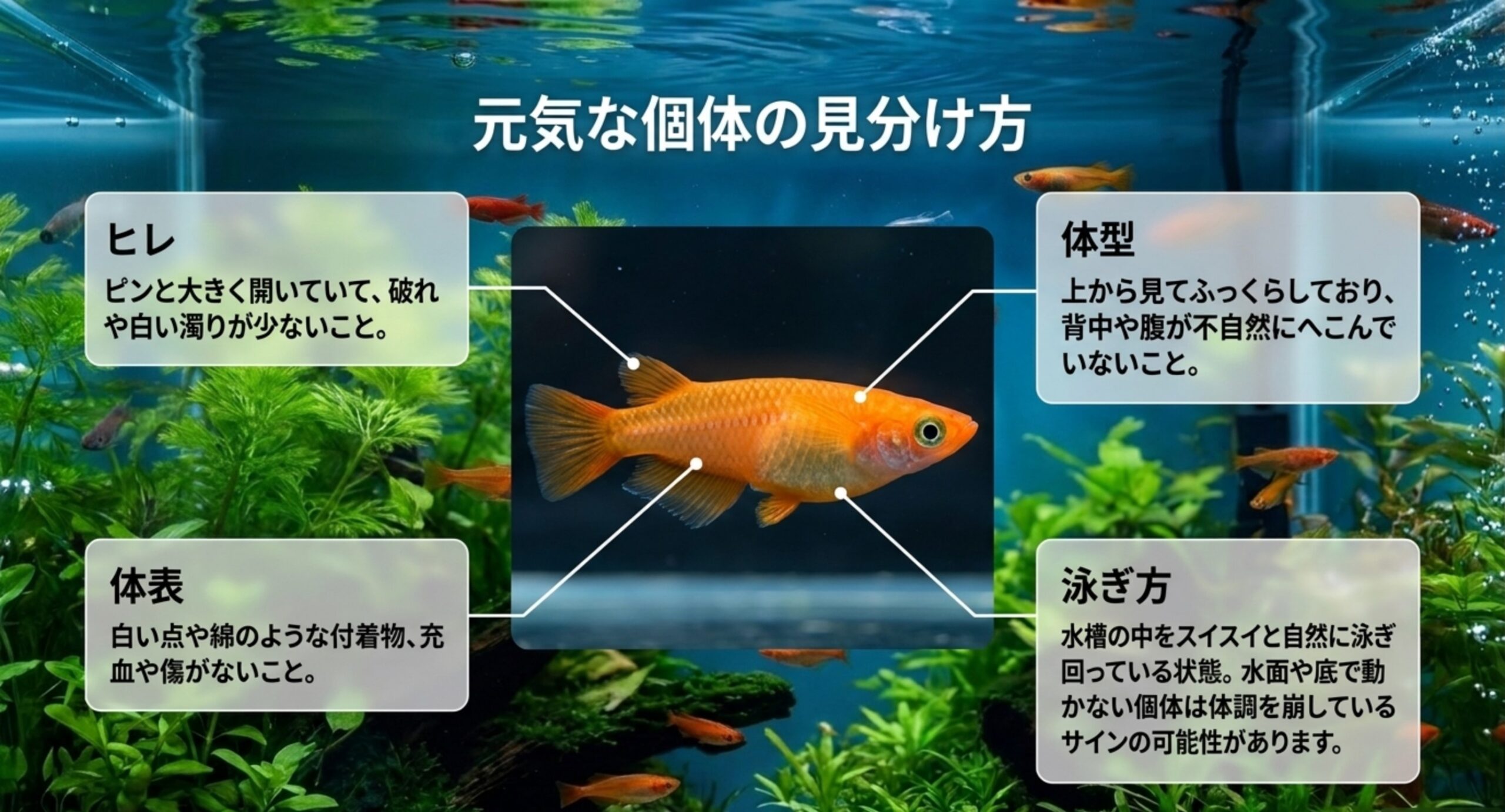 メダカの体を指し示しながら、ヒレ、体型、体表、泳ぎ方の4か所で健康状態を確認する方法を示したスライド