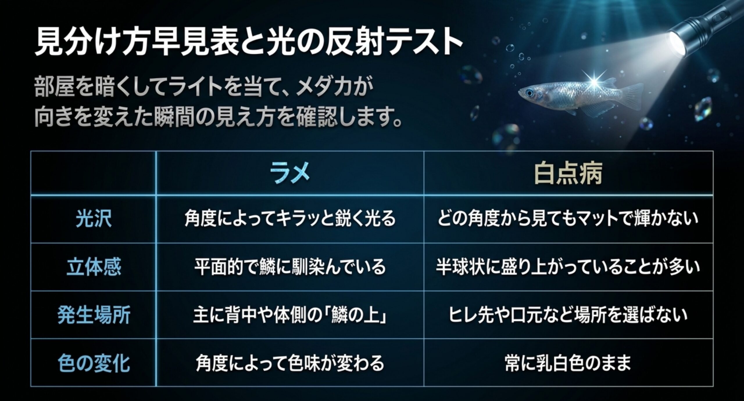 光沢・立体感・発生場所・色の変化の4項目で、ラメと白点病の見え方の違いを並べた比較表のスライド