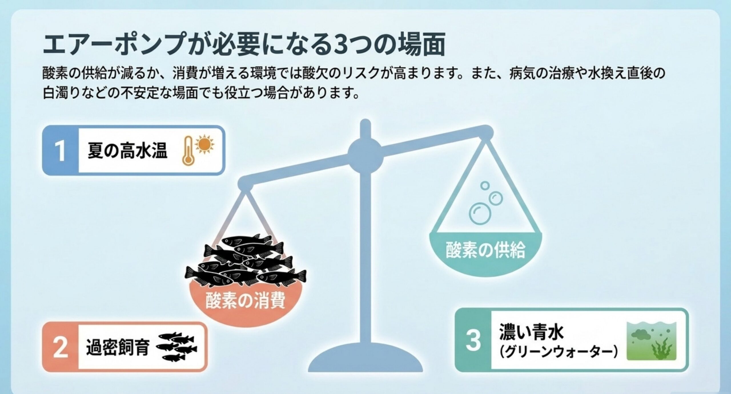夏の高水温・過密飼育・濃い青水の3つを挙げ、酸素の消費と供給を天秤で比べた図解スライド