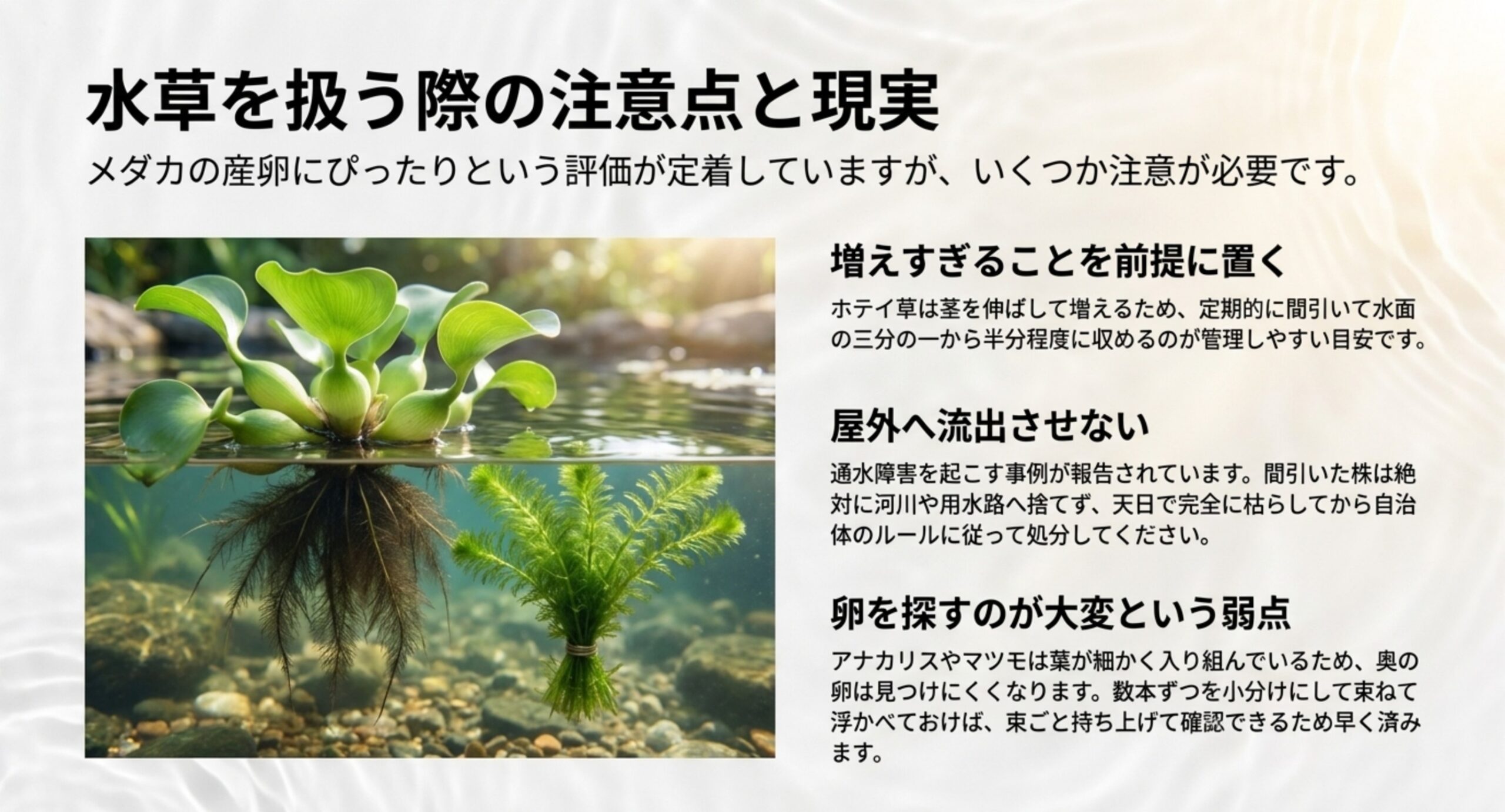 増えすぎる前提と屋外への流出防止と卵の探しにくさを整理した図のスライド