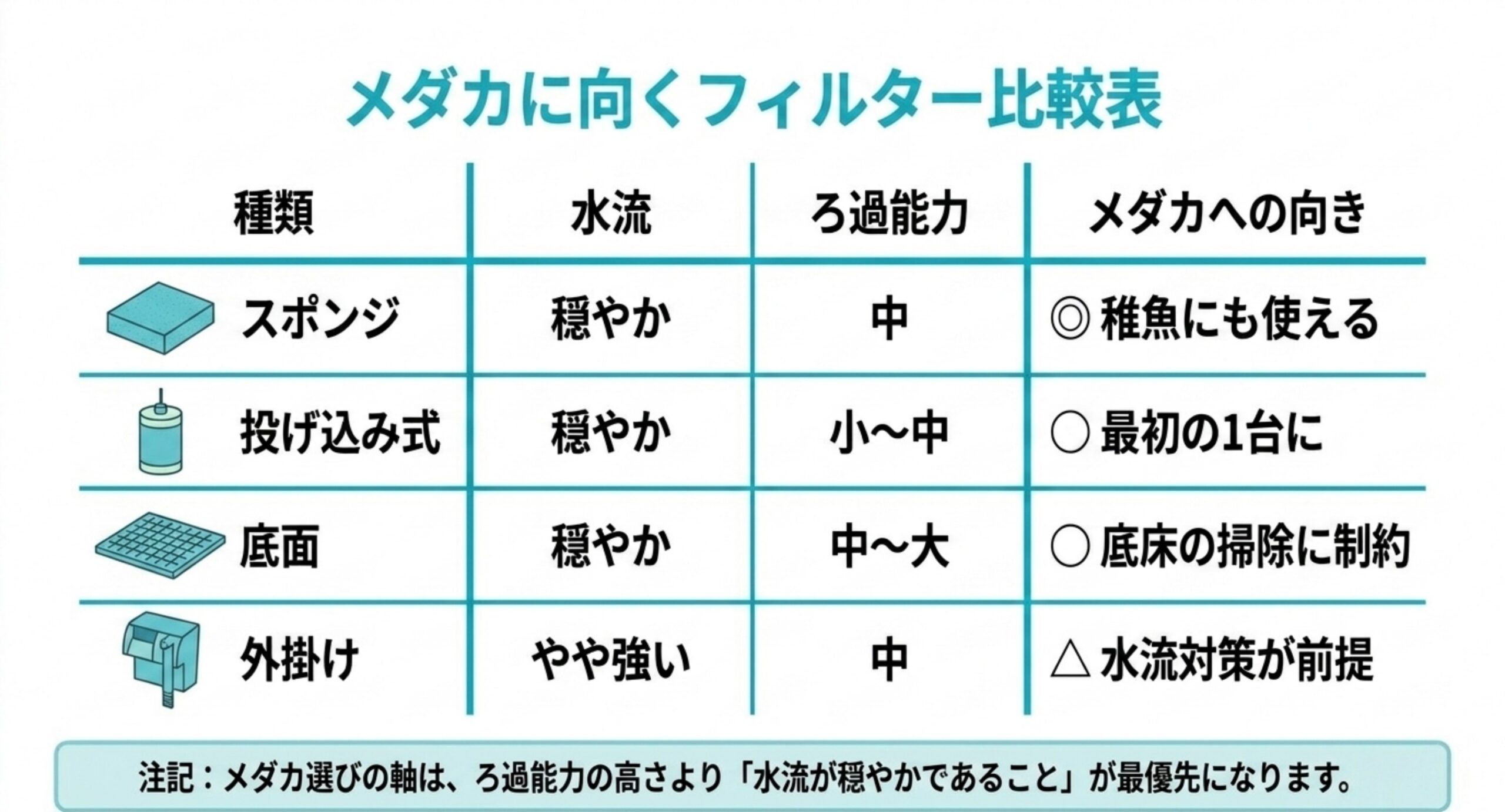 スポンジ・投げ込み式・底面・外掛けの4種類について、水流の強さとろ過能力、メダカへの向き不向きを並べた比較表のスライド