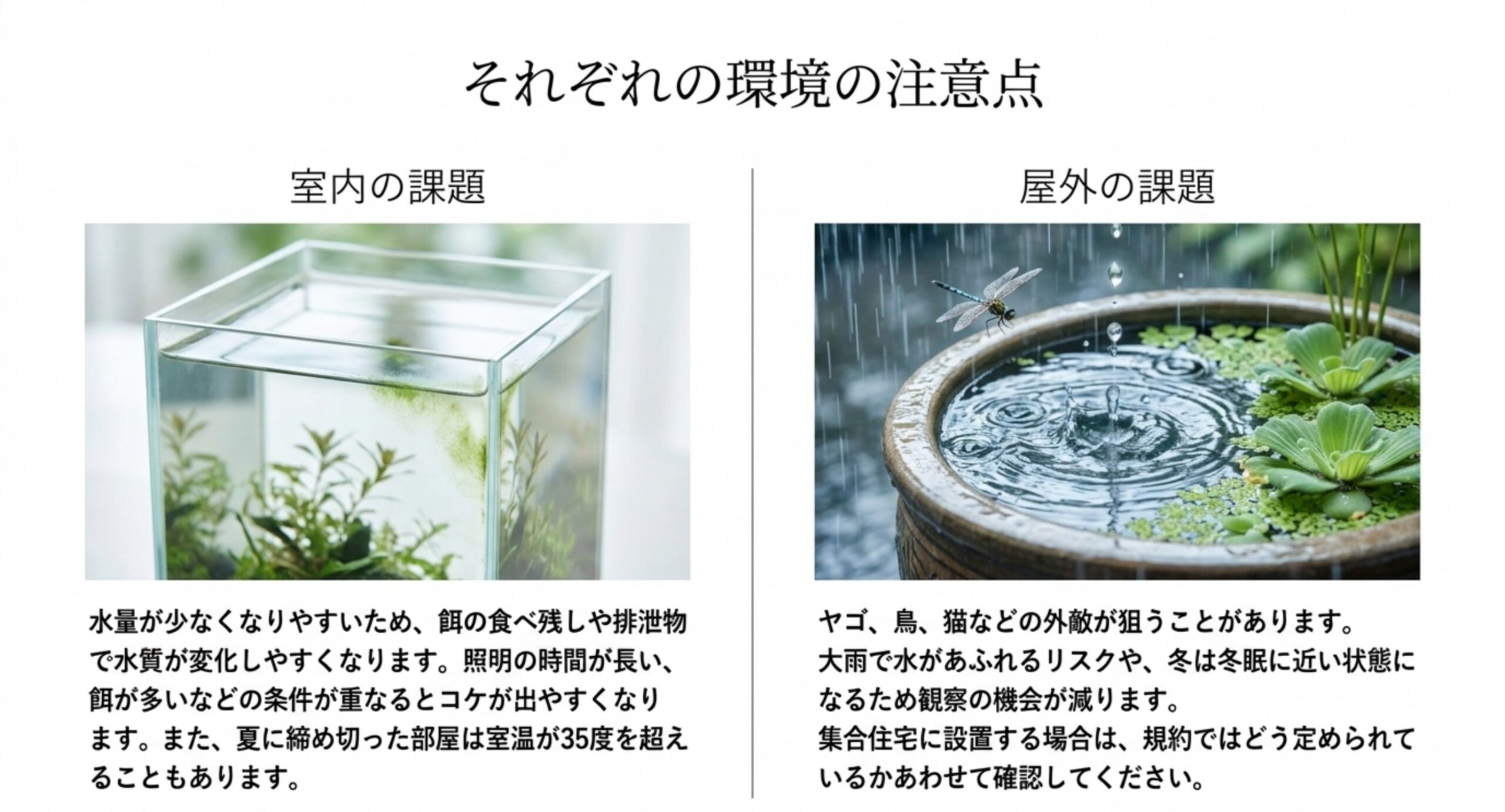 室内水槽と雨の降る屋外容器の写真を並べて各環境の課題を整理したスライド