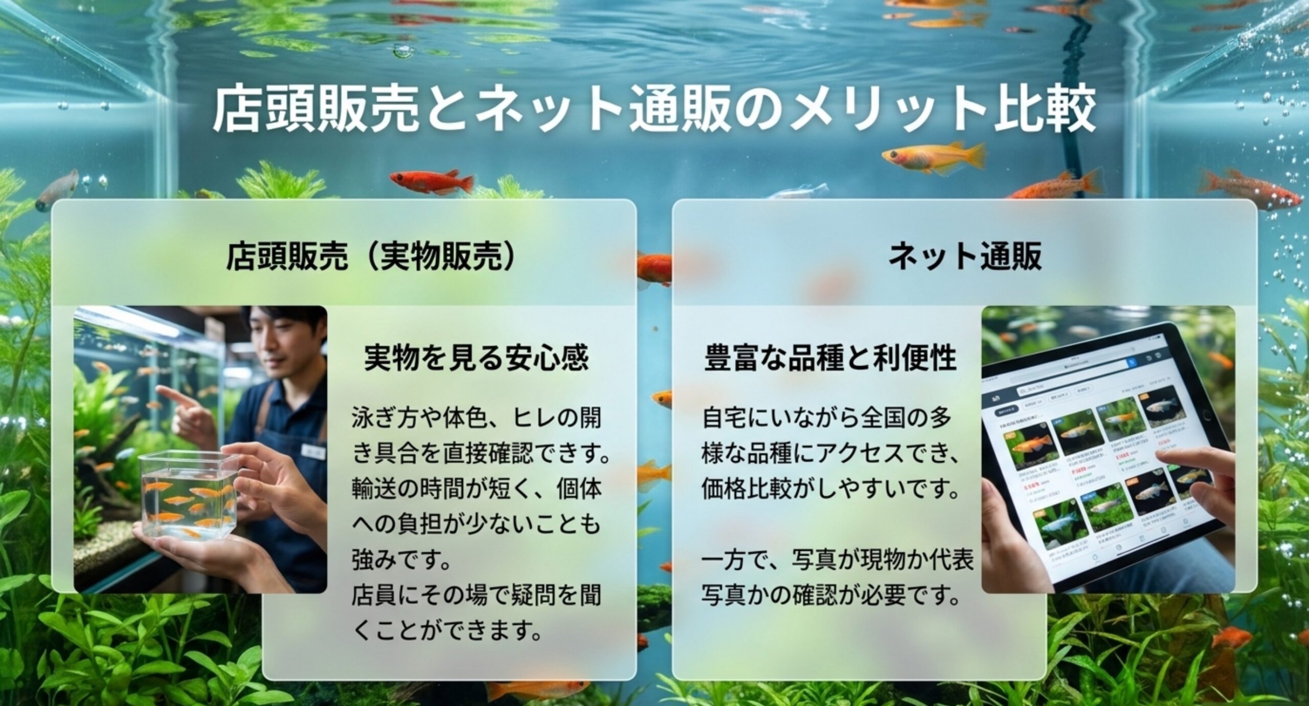 実物を確認できる店頭販売と、品種の幅と価格比較がしやすいネット通販の長所と注意点を左右に並べたスライド