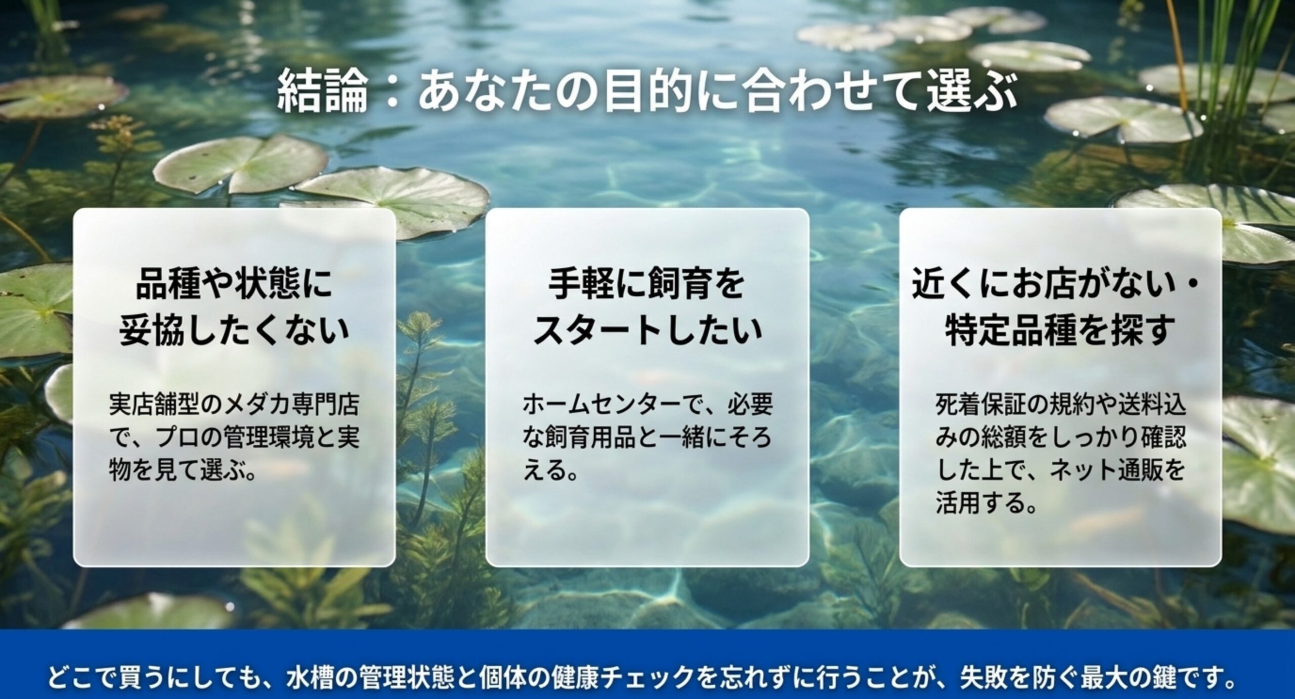 品種にこだわる人、手軽に始めたい人、近くに店がない人の3タイプ別に、選ぶべき購入先をまとめたスライド