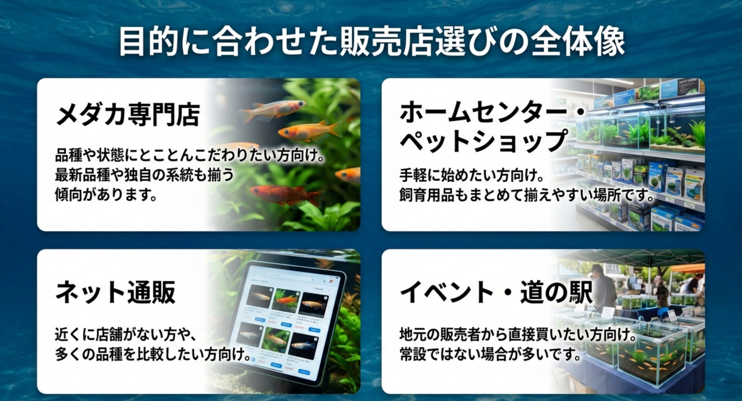 メダカ専門店、ホームセンターとペットショップ、ネット通販、イベントや道の駅の4つの購入先と、それぞれが向いている人を並べたスライド