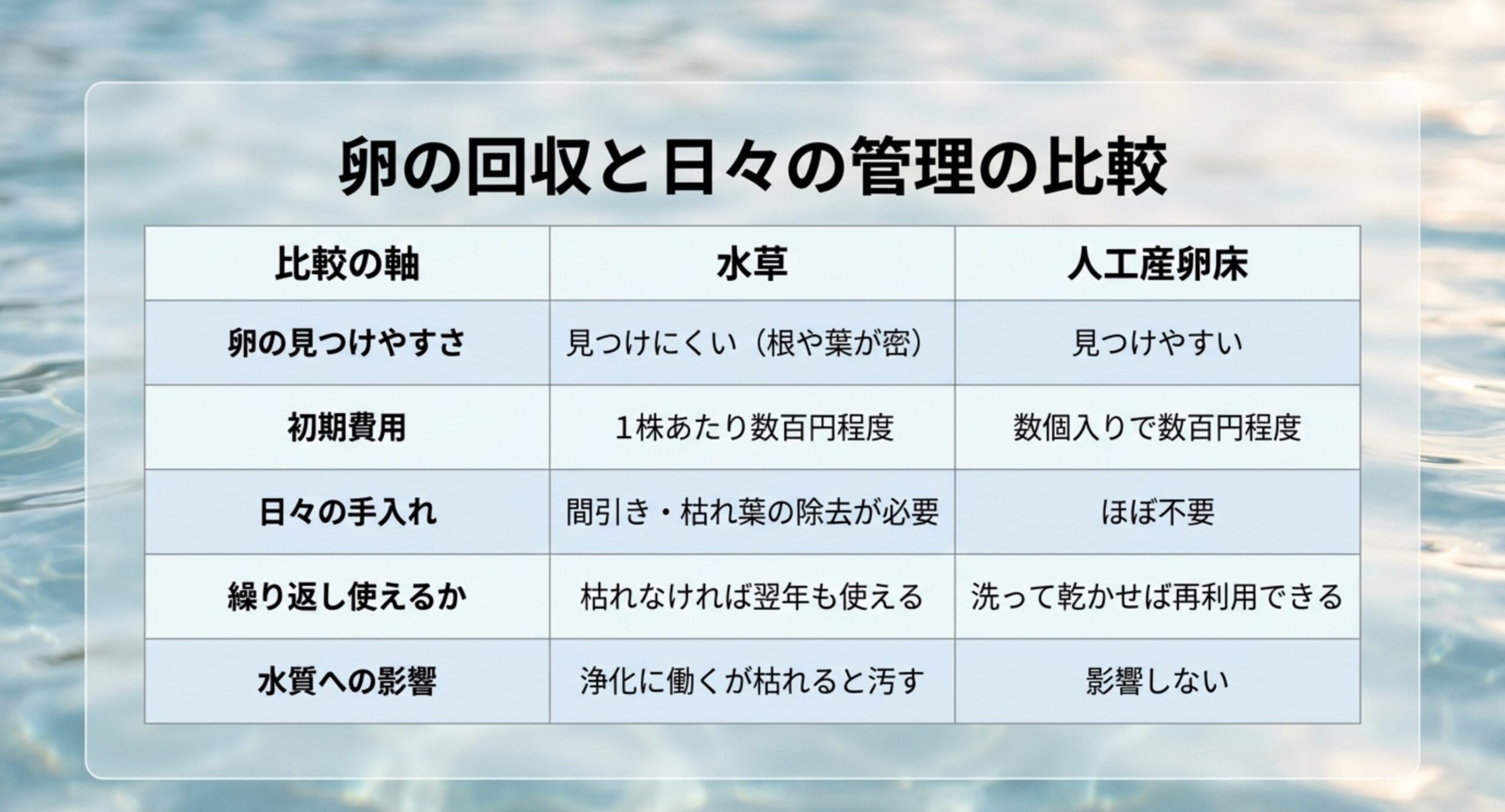 見つけやすさと費用と手入れと水質への影響を水草と産卵床で比べた表のスライド