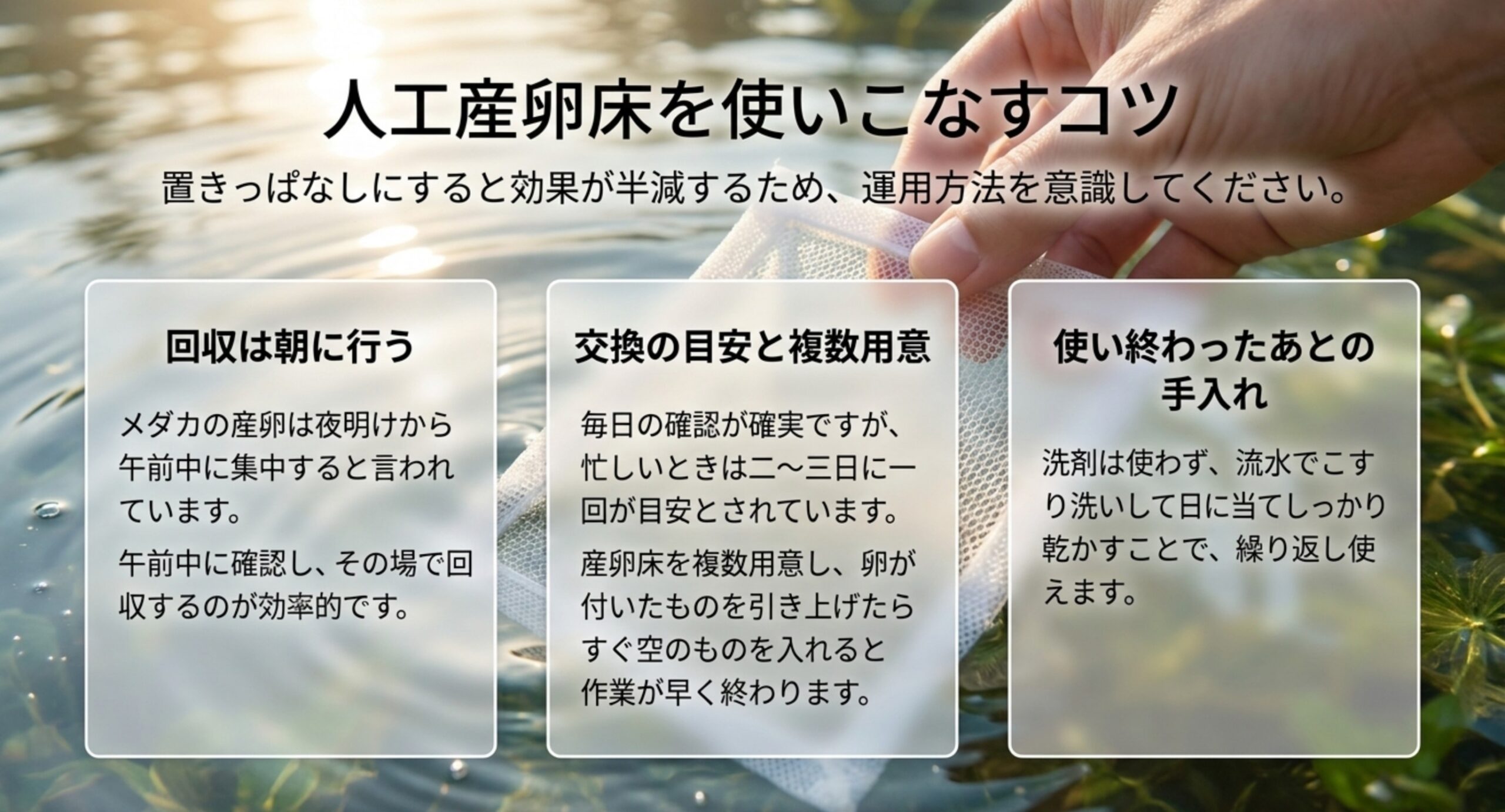 朝の回収と交換の目安と使用後の手入れを並べた図のスライド