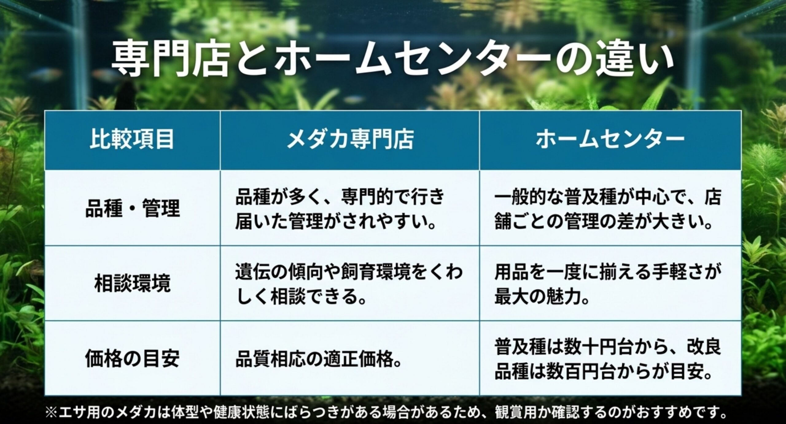 品種と管理、相談環境、価格の目安の3項目でメダカ専門店とホームセンターを比較した表のスライド