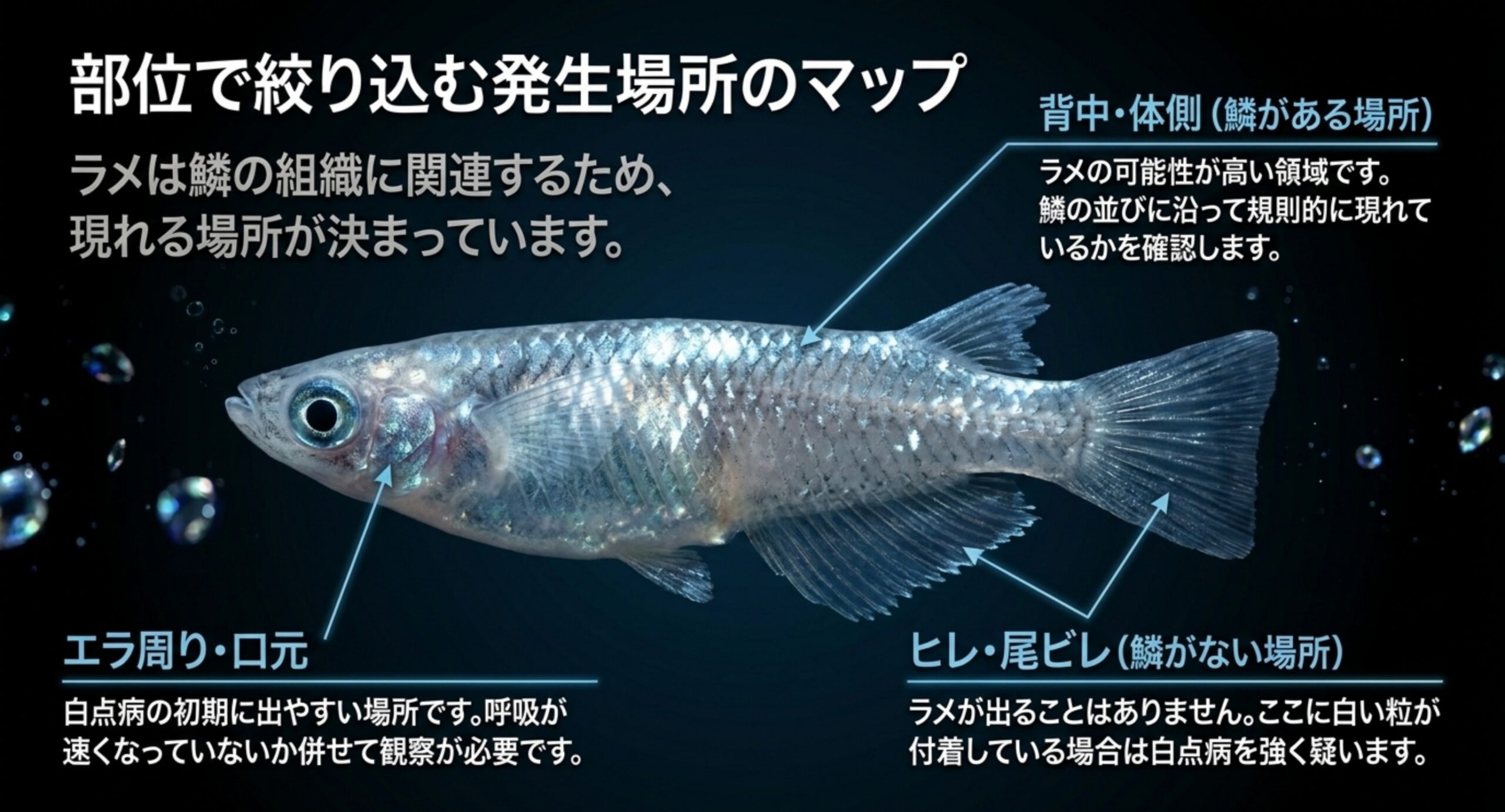 メダカの体を背中・体側、ヒレ・尾ビレ、エラ周り・口元に分け、部位ごとにラメか白点病かを絞り込む方法を示したスライド