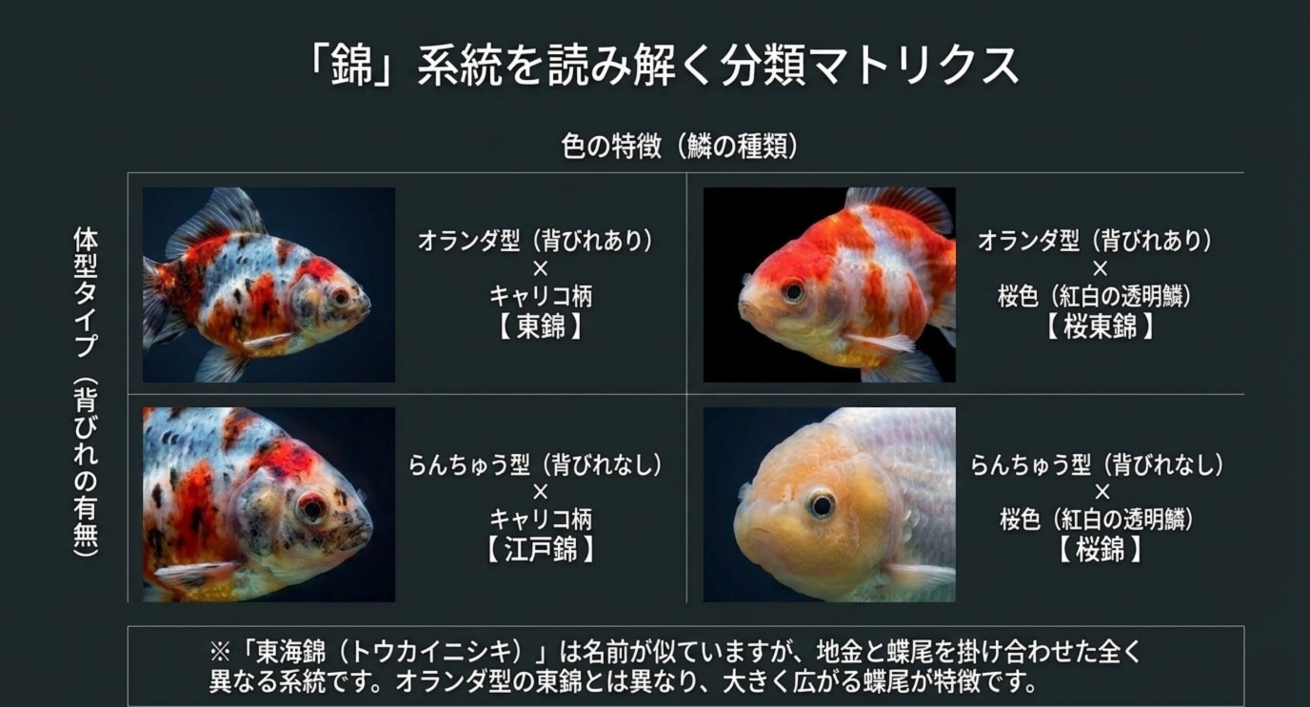 背びれの有無とキャリコ柄か桜色かの組み合わせで、東錦、桜東錦、江戸錦、桜錦がどう分かれるかを示した2×2の分類図のスライド