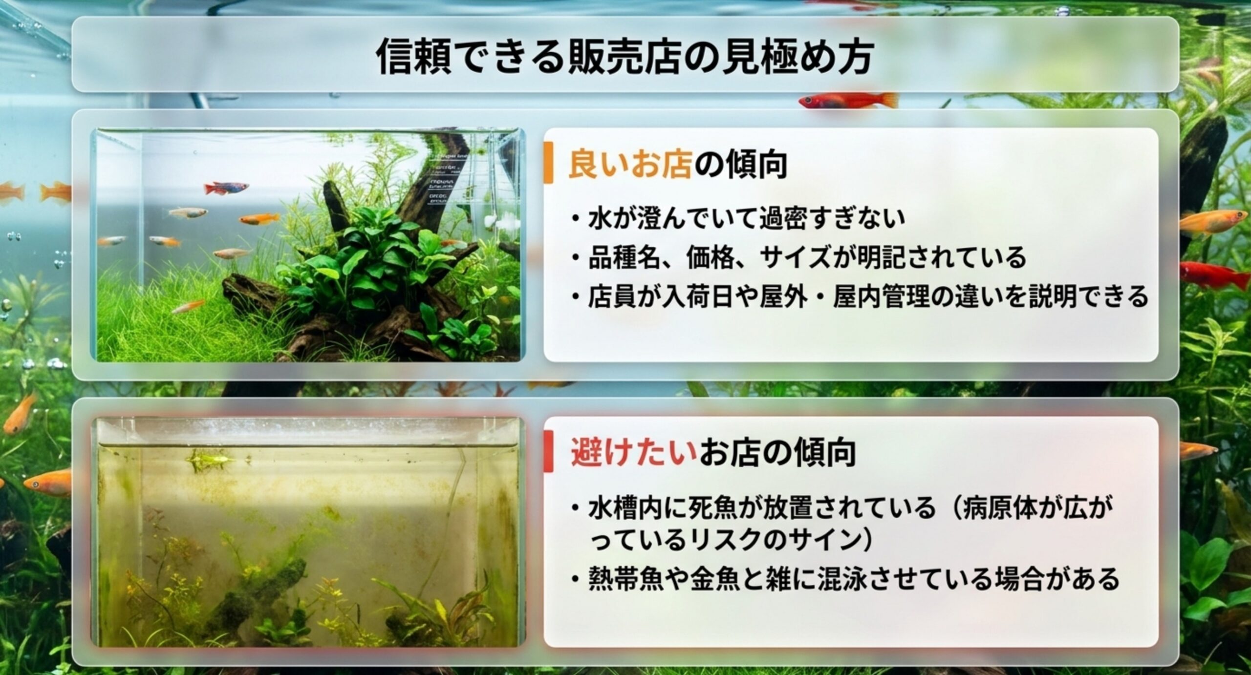 水が澄んで表示が明記された良い売り場と、死魚が放置された避けたい売り場を上下に並べて比較したスライド