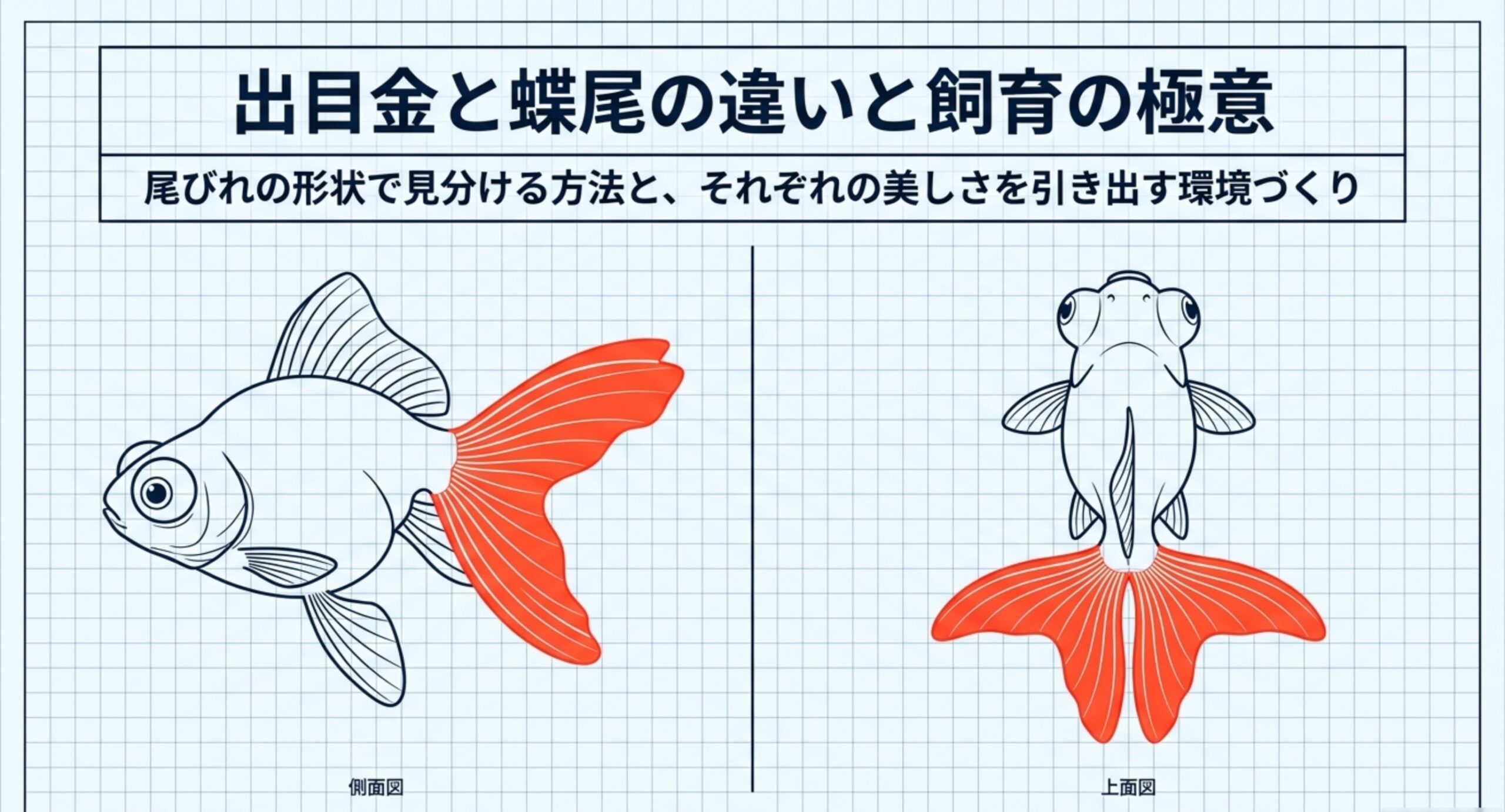 出目金の側面図と蝶尾の上面図を並べて尾びれの形の違いを示した表紙スライド