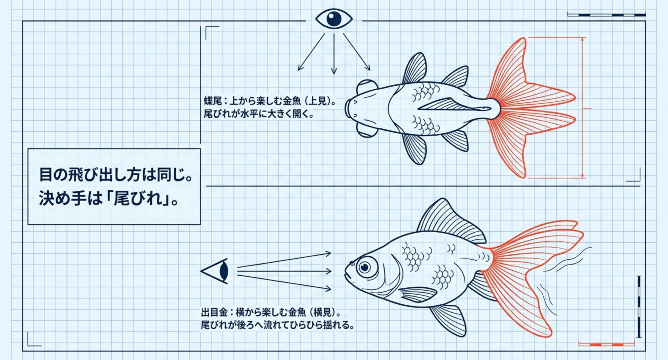 蝶尾は上から見て尾びれが水平に開き、出目金は横から見て後ろへ流れることを図解した見分け方の図