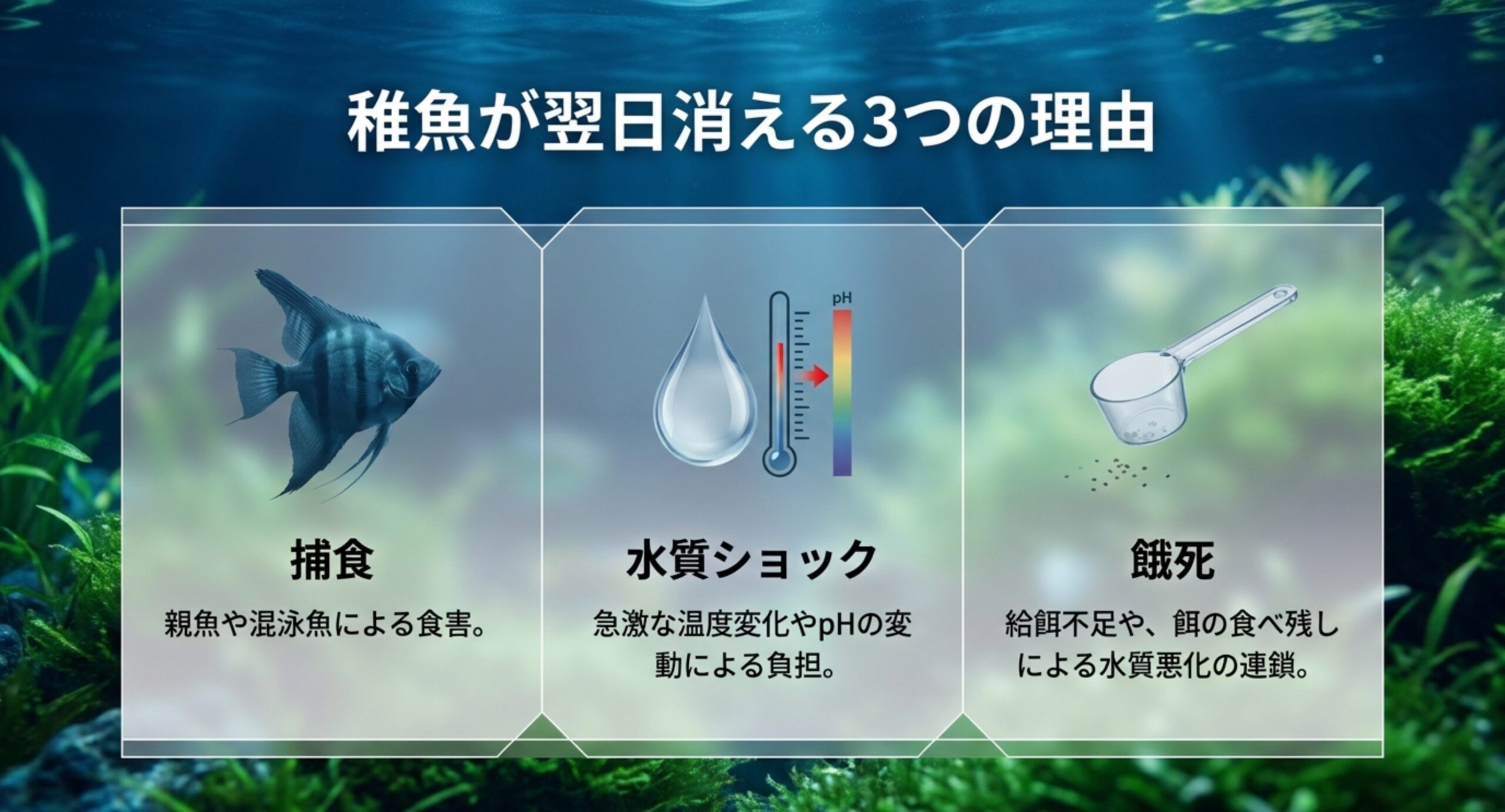 捕食・水質ショック・餓死という、モーリーの稚魚が翌日には見当たらなくなる3つの原因を並べた図