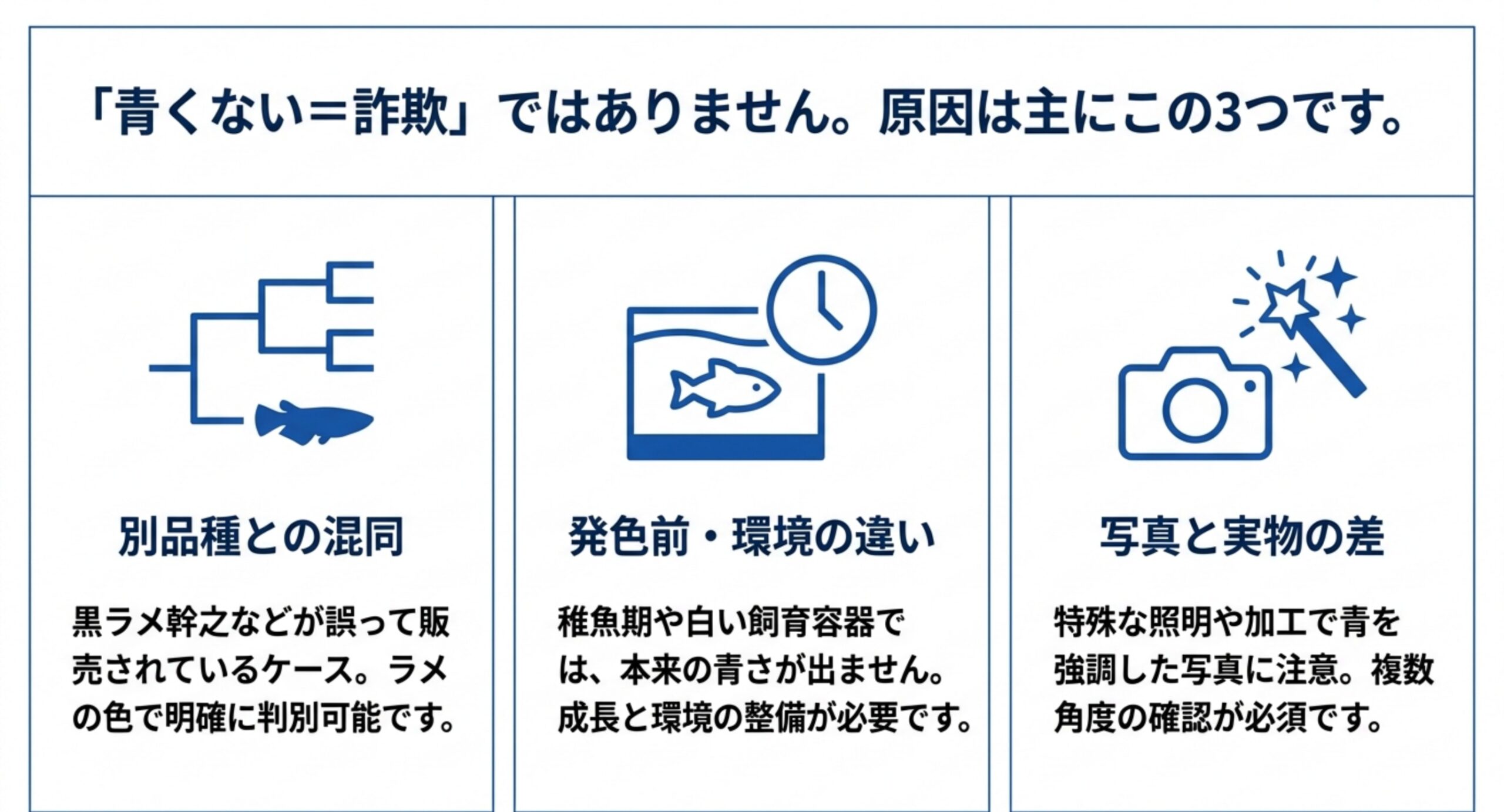 別品種との混同・発色前や容器の違い・写真と実物の差という青く見えない3つの原因を並べた図解
