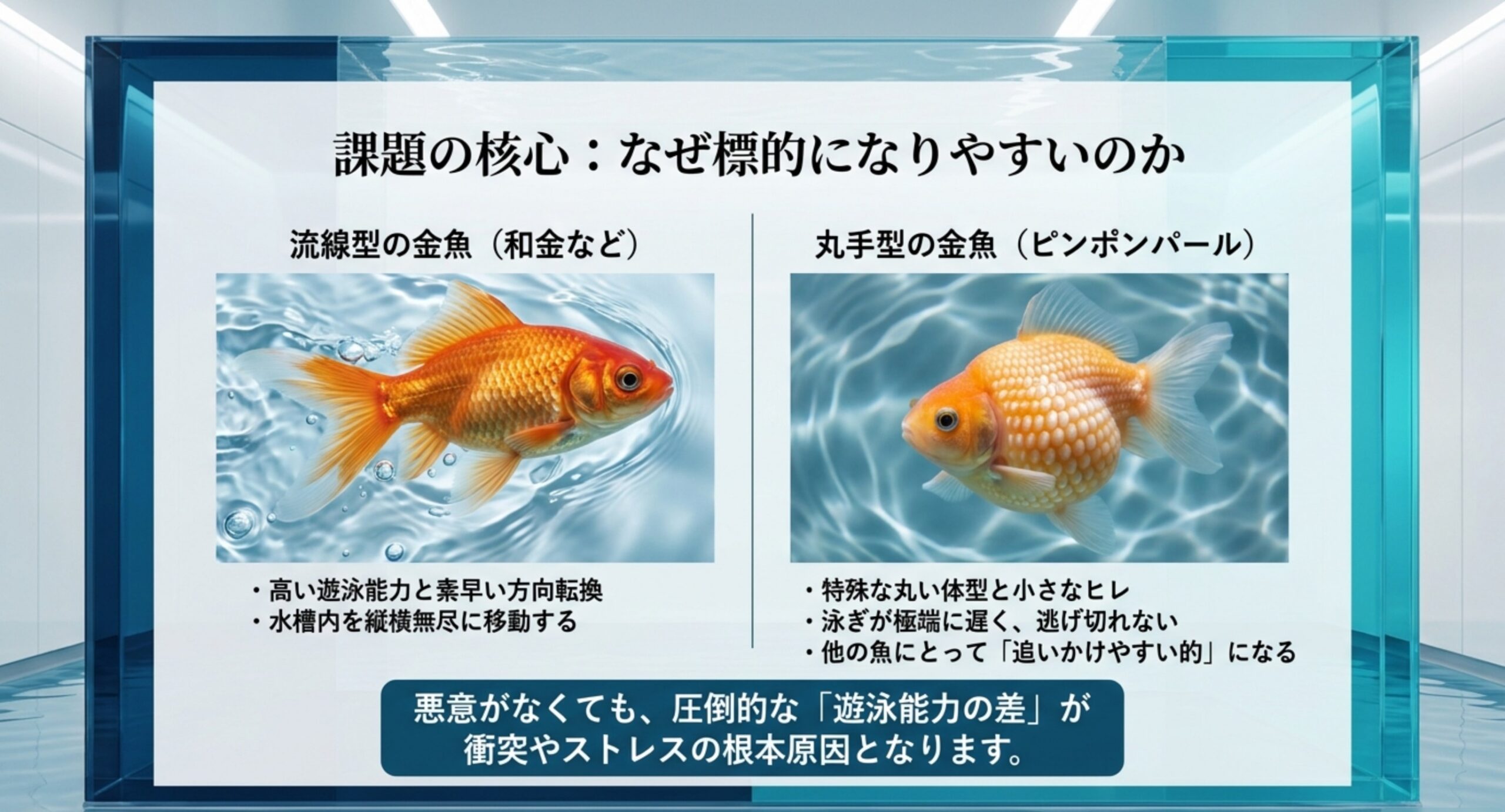 ピンポンパールが標的になりやすい理由 流線型の和金と丸手型のピンポンパールを並べ、遊泳能力の差が衝突とストレスの原因になることを示した比較図