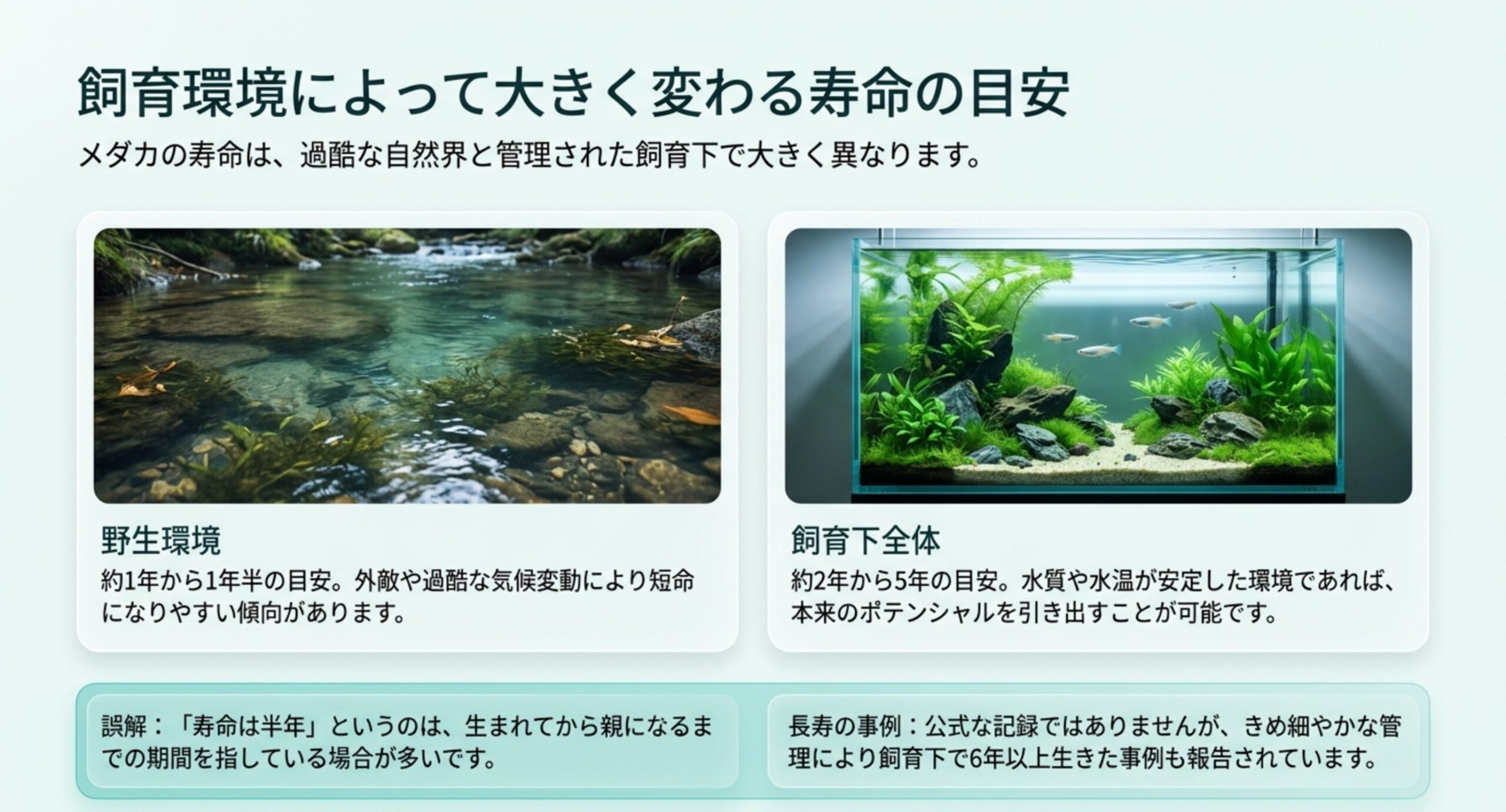 メダカの寿命の目安|野生と飼育下の違い 野生環境の約1〜1.5年と飼育下の約2〜5年を写真付きで並べ、半年という誤解と6年以上の長寿事例を添えたスライド