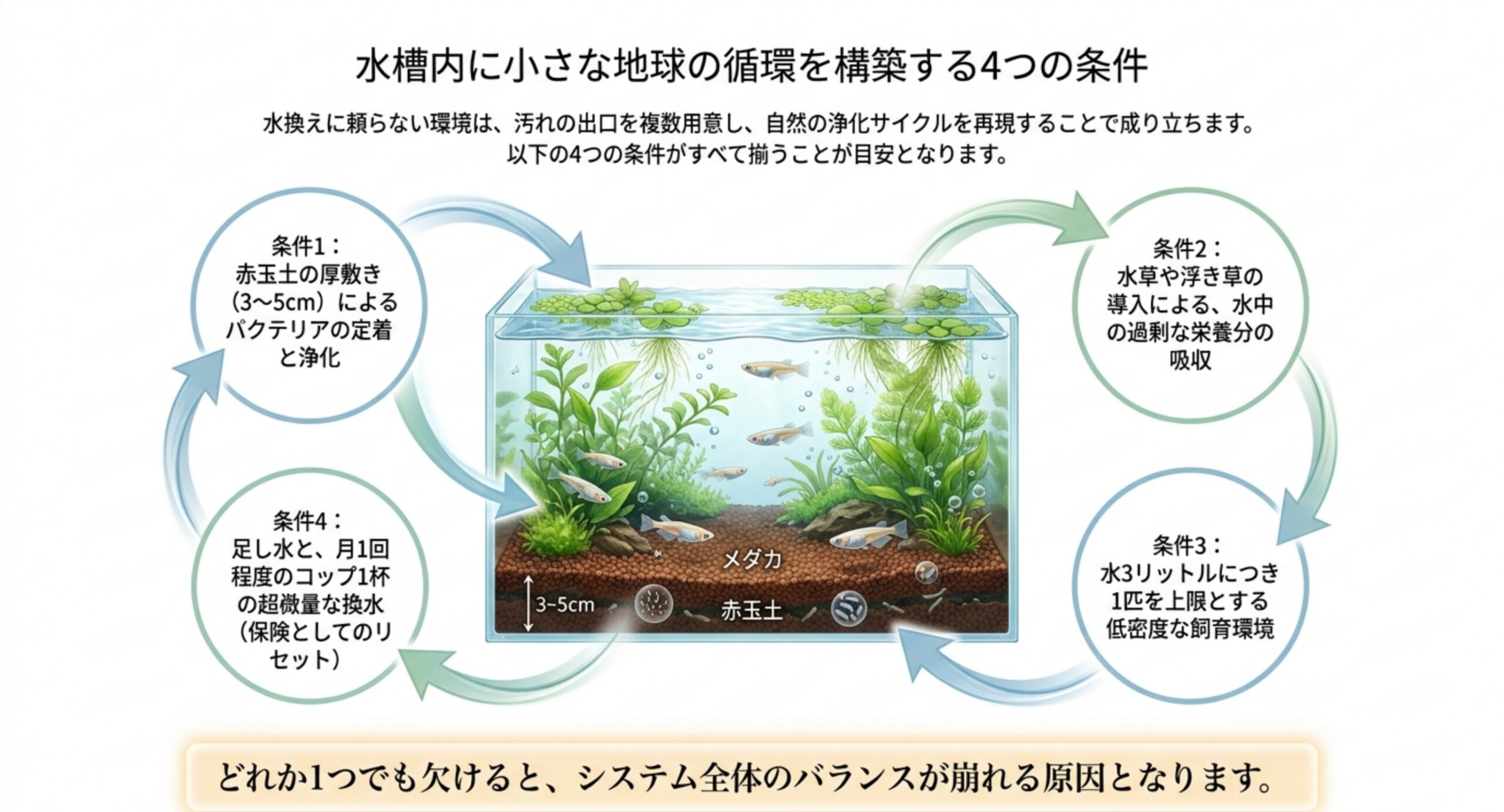 水換え不要を成立させる4つの条件の循環図 赤玉土の厚敷き・水草の導入・低密度飼育・足し水と超微量換水という4条件が循環でつながることを示した図のスライド