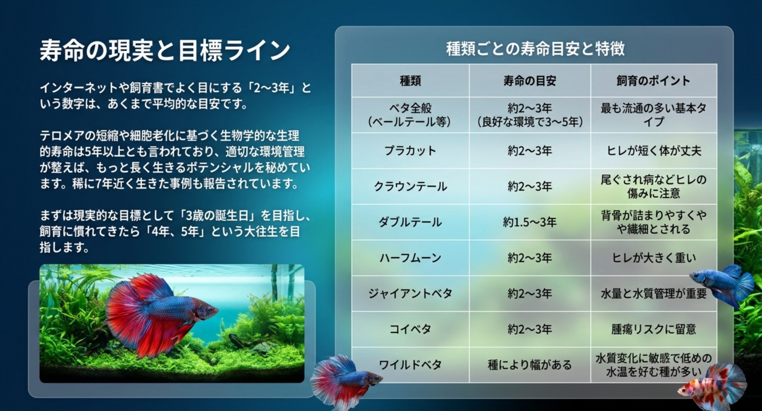 ベタの種類ごとの寿命の目安と飼育のポイント ベールテールやプラカット・ハーフムーン・ジャイアントベタなど種類別の寿命目安と飼育の注意点をまとめた表のスライド
