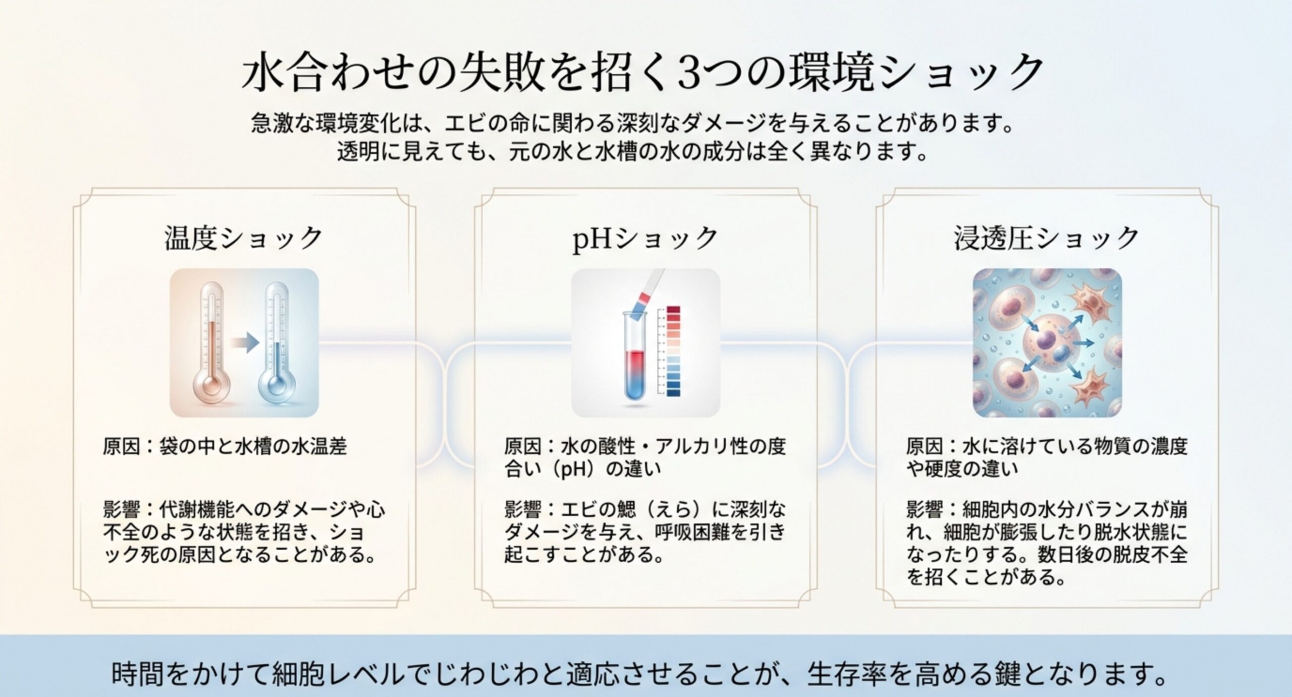 温度ショック・pHショック・浸透圧ショックについて原因と影響を並べて示した図のスライド