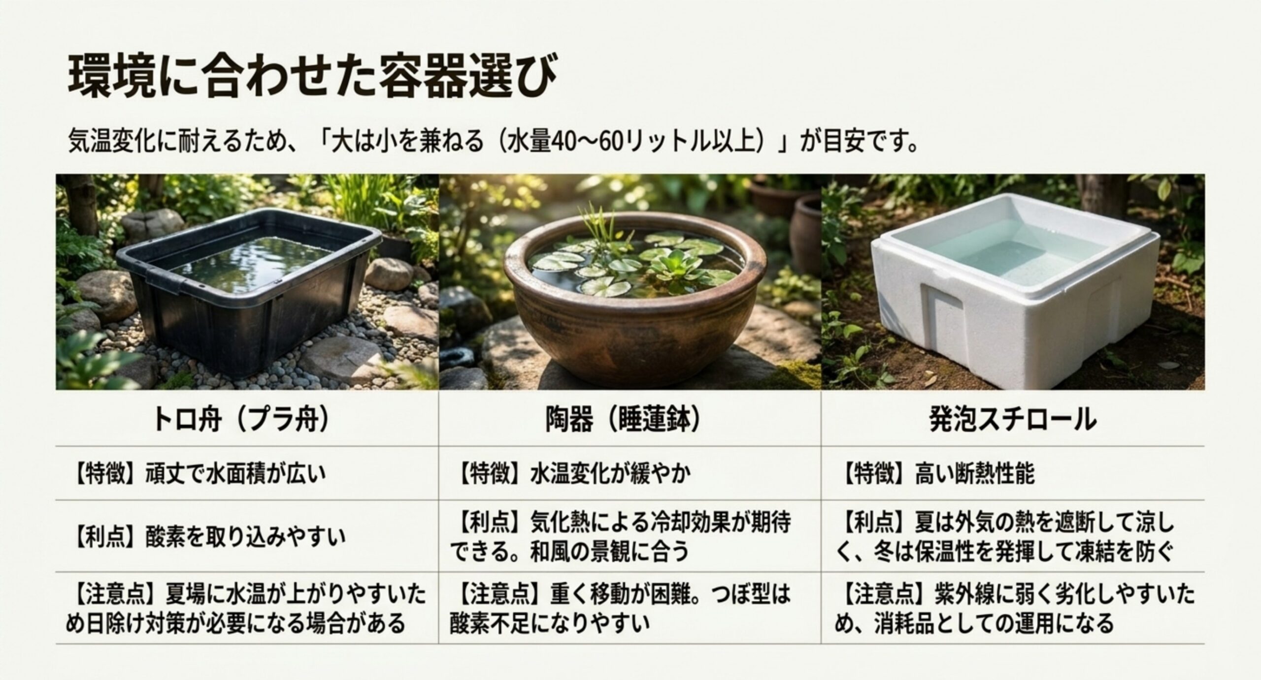 金魚の外飼いに使う容器3種の比較 トロ舟・陶器の睡蓮鉢・発泡スチロールを特徴と利点、注意点で比べた一覧