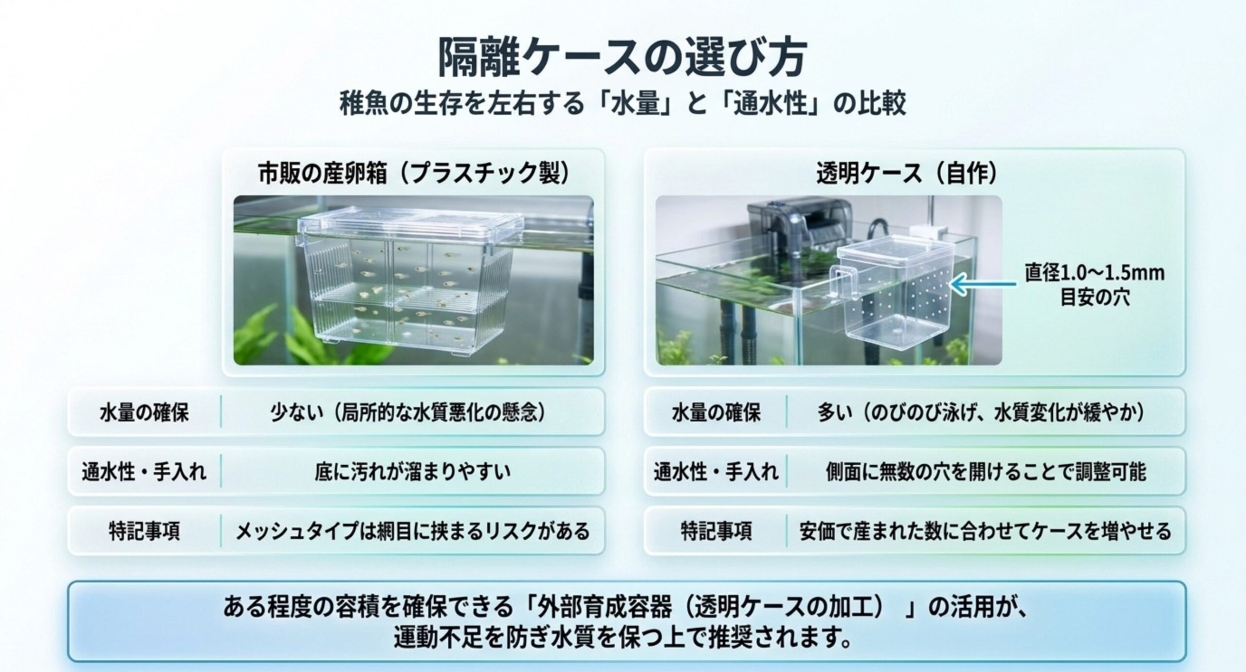 市販の産卵箱と自作の透明ケースについて水量・通水性と手入れ・特記事項を並べて比較した図のスライド