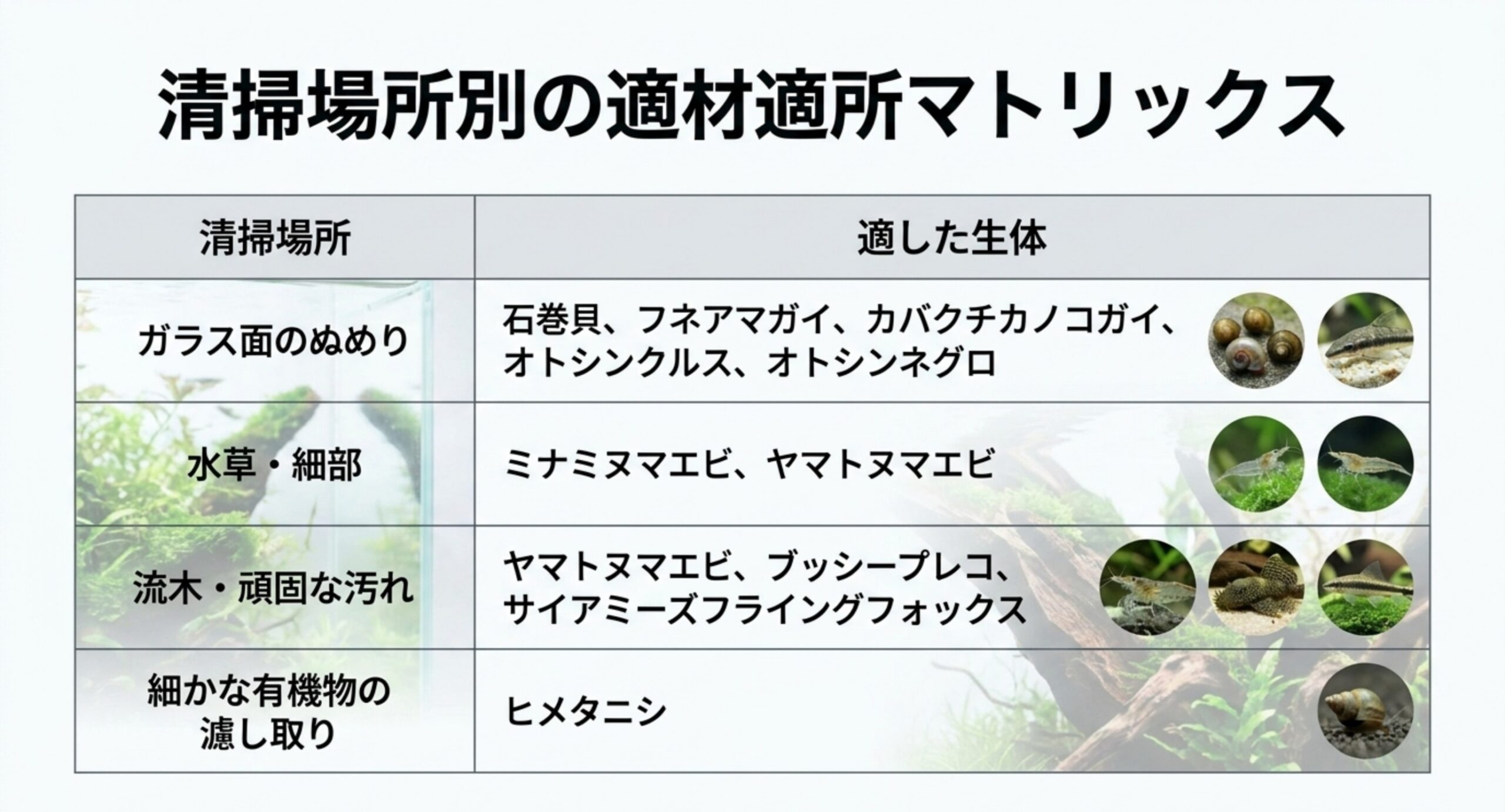 清掃場所別に適した生体の早見表 ガラス面のぬめりは貝類とオトシンクルス、水草の細部はヌマエビ、流木の頑固な汚れはヤマトヌマエビとプレコ、細かな有機物はヒメタニシという対応表