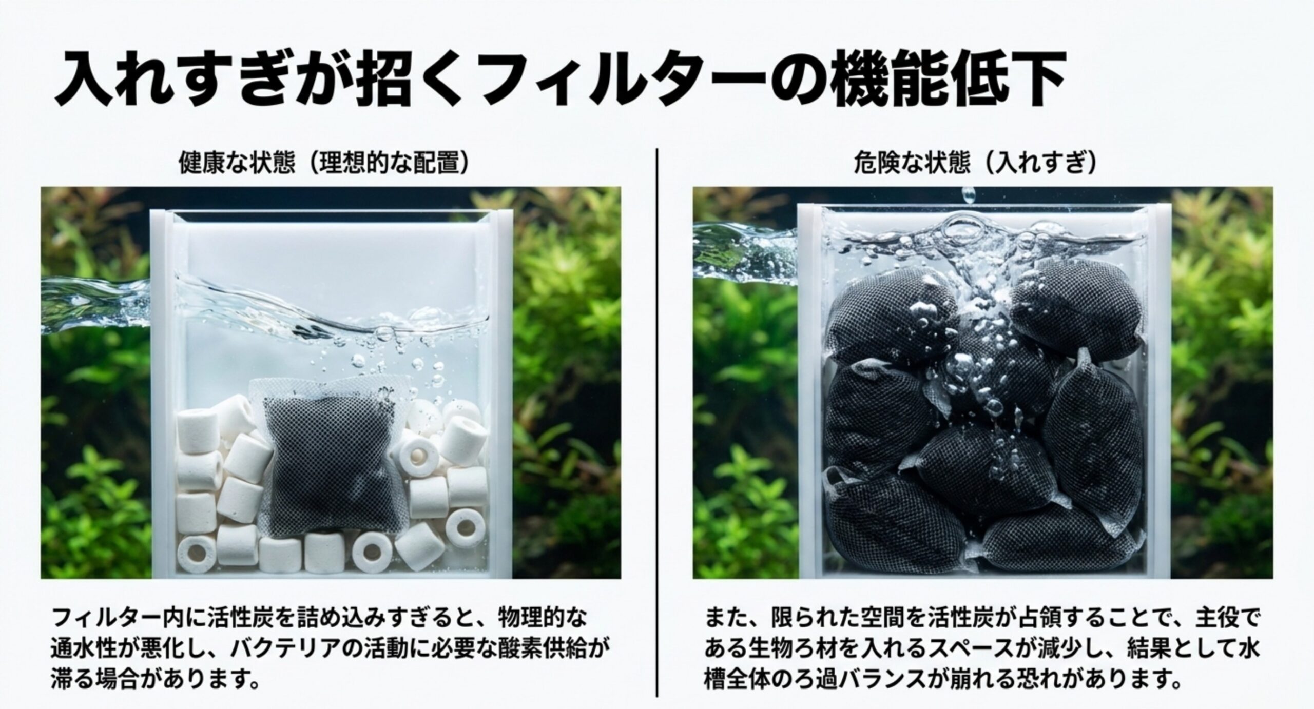 理想的な配置と入れすぎた状態を並べ、詰め込みすぎると通水性が落ちて生物ろ材のスペースも減ることを示した比較図