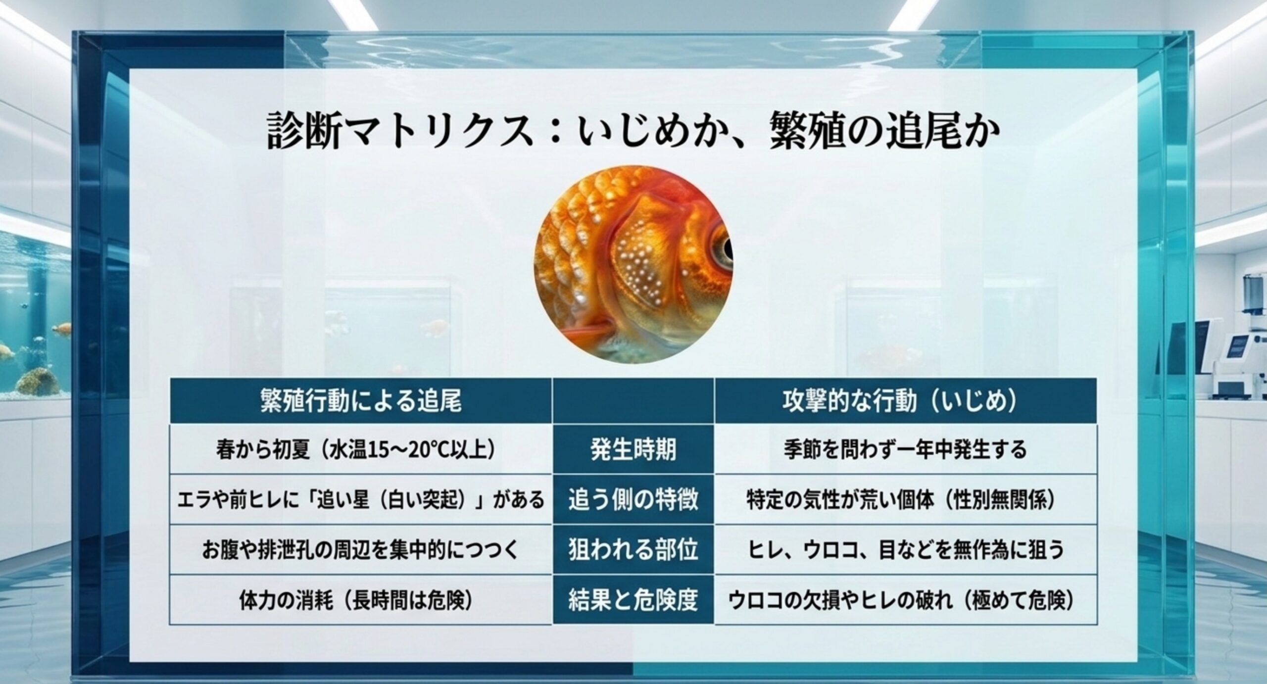 いじめと繁殖追尾の診断マトリクス 発生時期・追う側の特徴・狙われる部位・危険度の4項目で、繁殖行動による追尾と攻撃的ないじめを対比した診断表