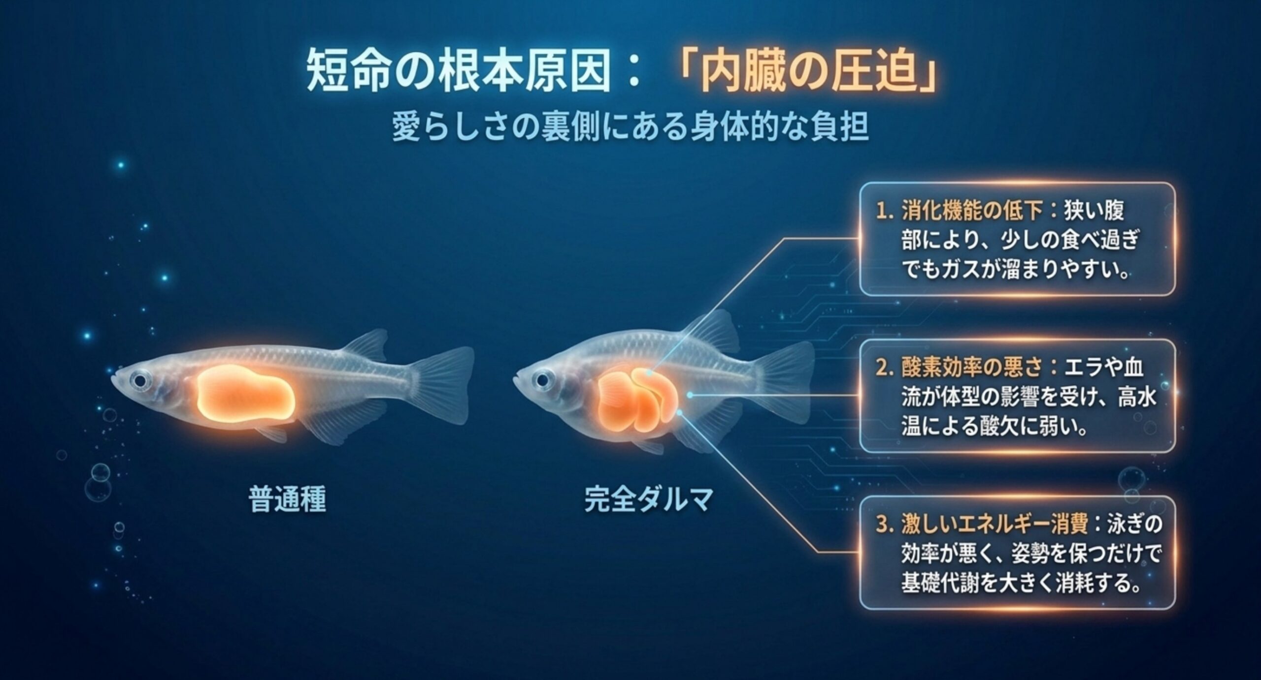 短命の根本原因は内臓の圧迫 普通種と完全ダルマの体内を並べ、消化機能の低下・酸素効率の悪さ・基礎代謝の消耗という3つの負担を示した図