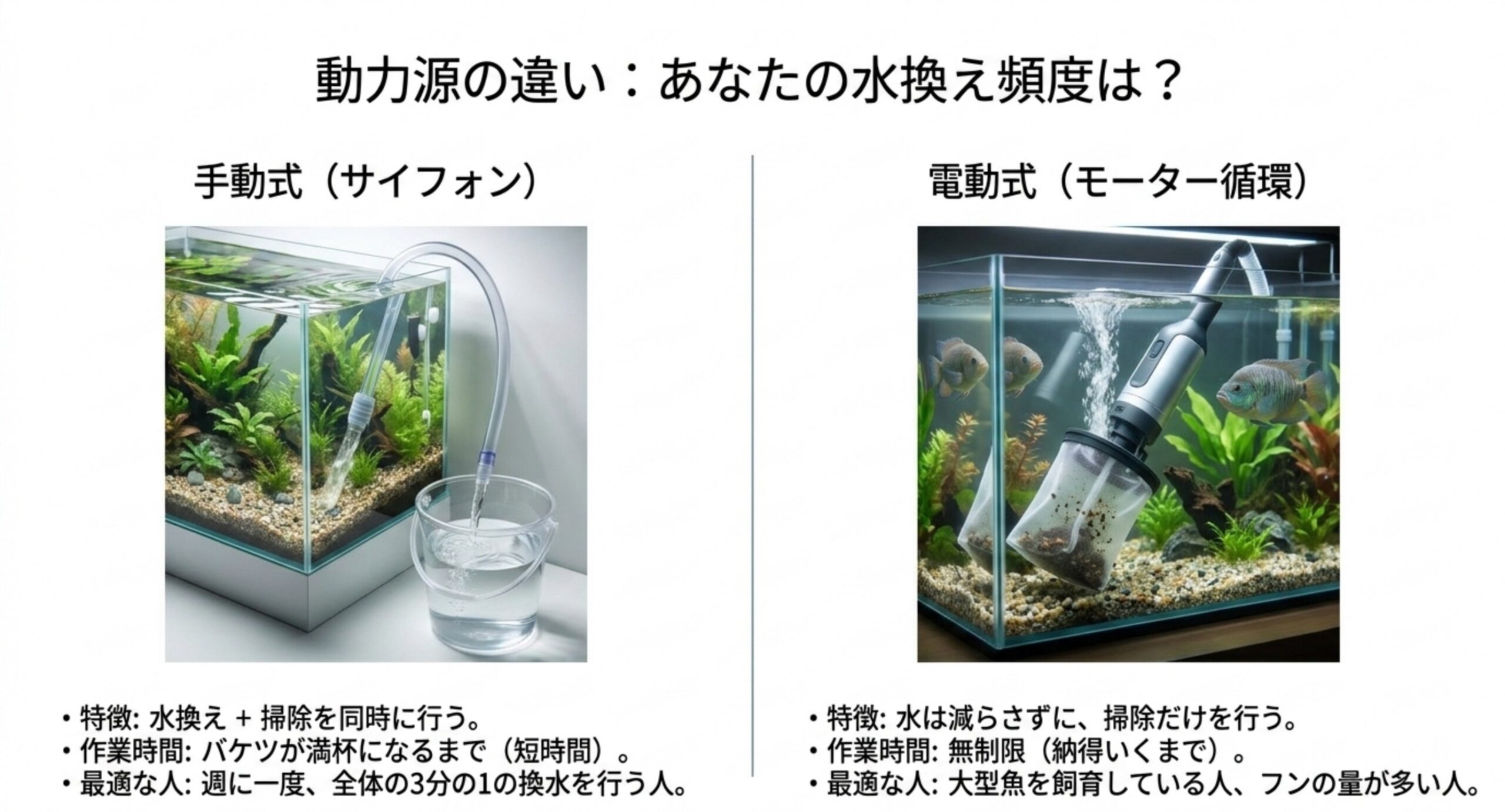 手動式と電動式の違い 手動のサイフォン式と電動のモーター循環式を並べ、水換えの有無・作業時間・向いている人で比較した図