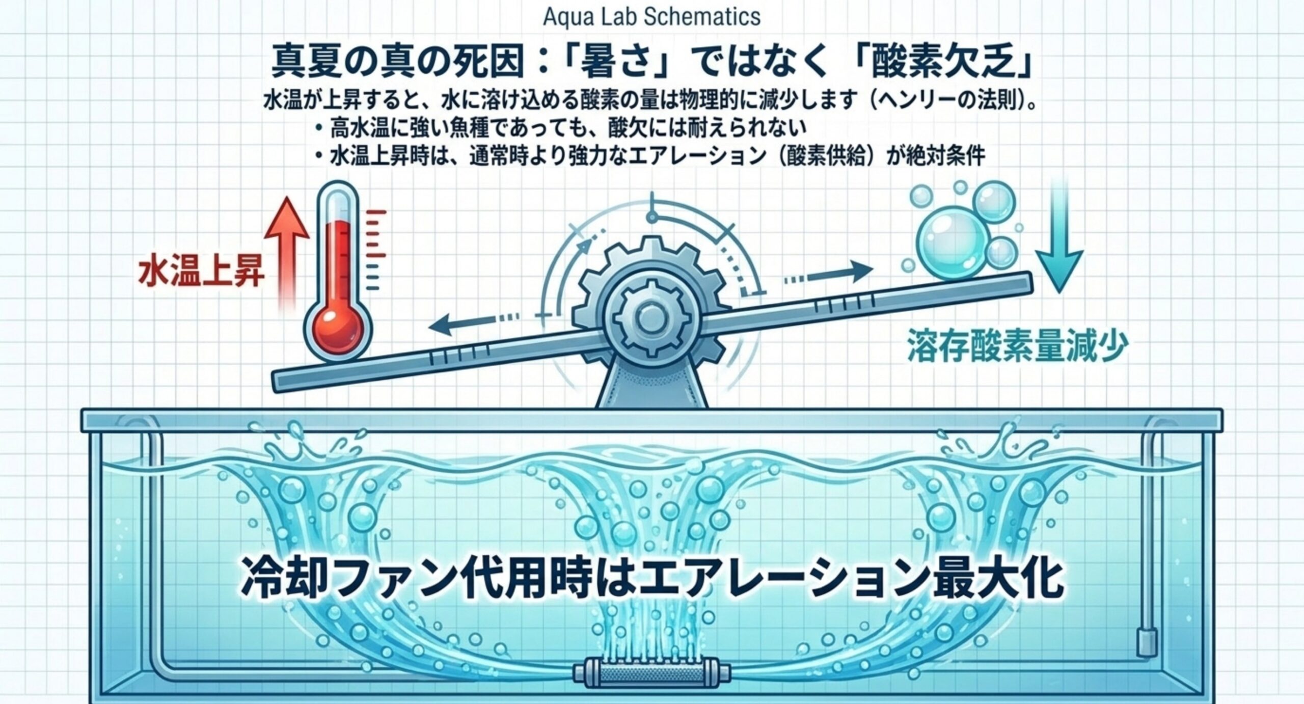 高水温で魚が落ちる真の原因は酸欠 水温が上がると溶存酸素量が減るためエアレーション強化が必要になることを示した図解