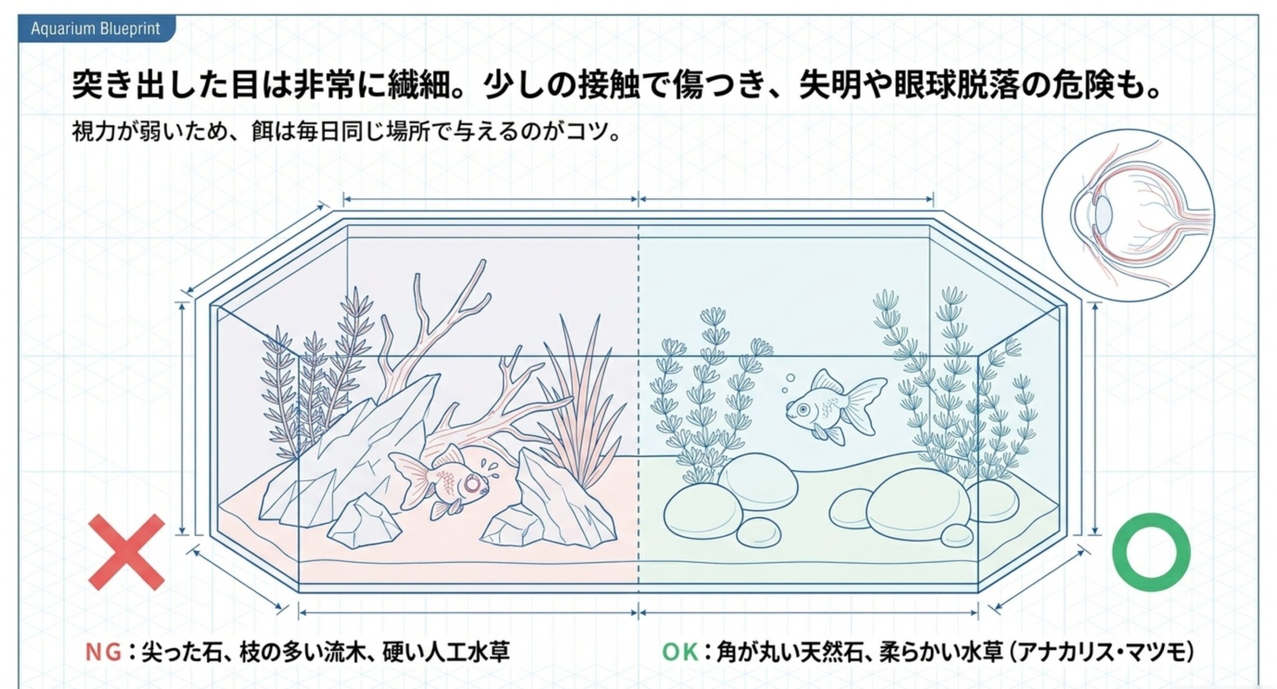 尖った石や枝の多い流木を避け、角の丸い天然石と柔らかい水草にする出目金向けレイアウトの図解