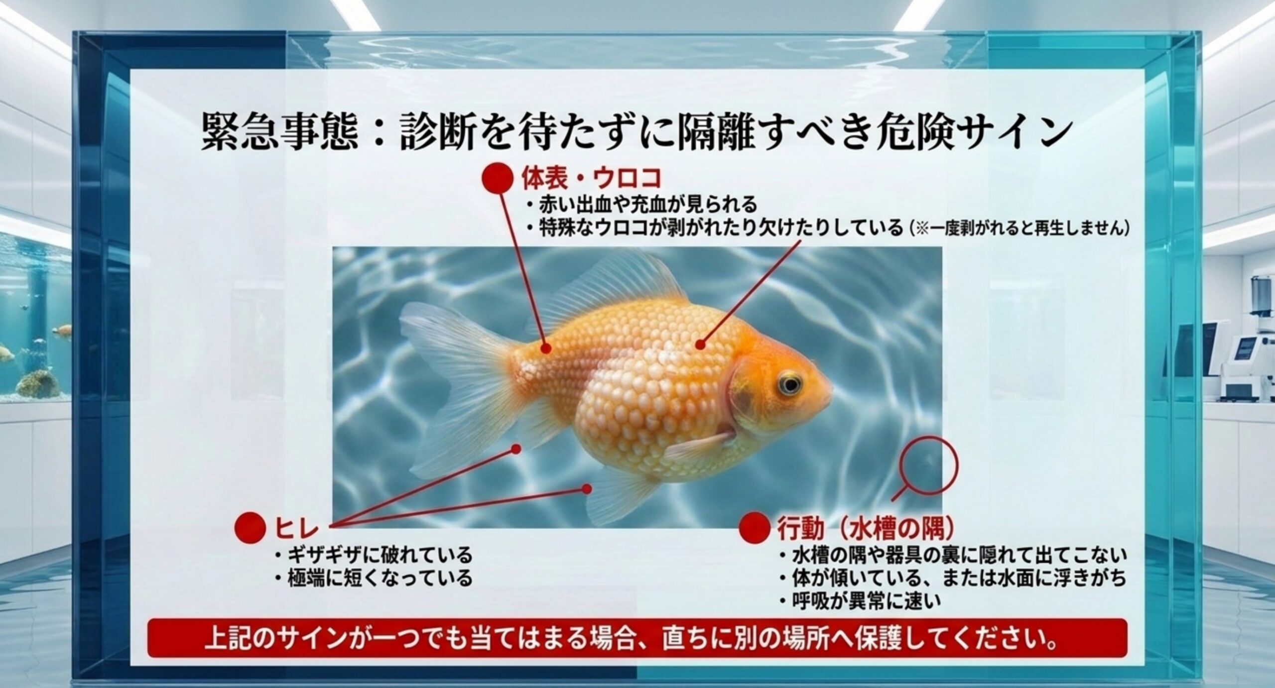 診断を待たずに隔離すべき危険サイン 体表とウロコ、ヒレ、水槽の隅に隠れる行動の3方向から、すぐ隔離が必要な危険サインを指し示した図