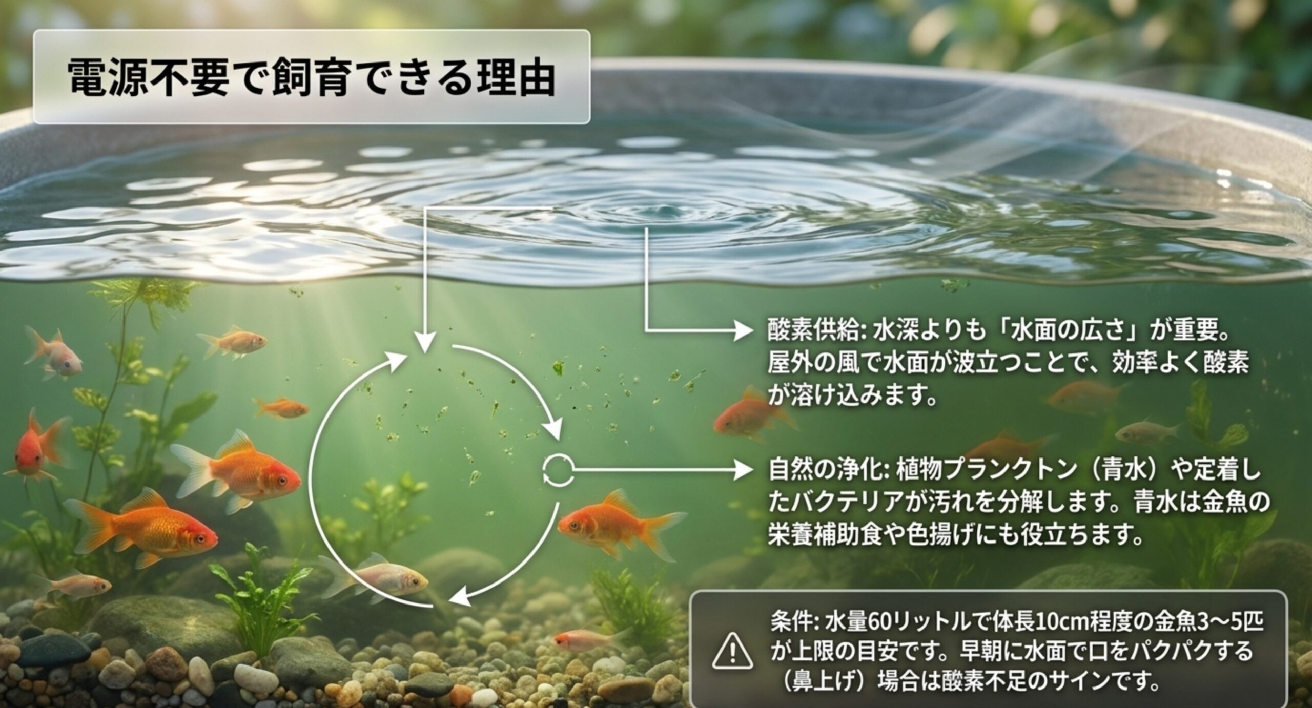 電源を使わずに水を保つ仕組み 水面の広さで酸素を取り込み、青水とバクテリアが汚れを分解する流れを示した図