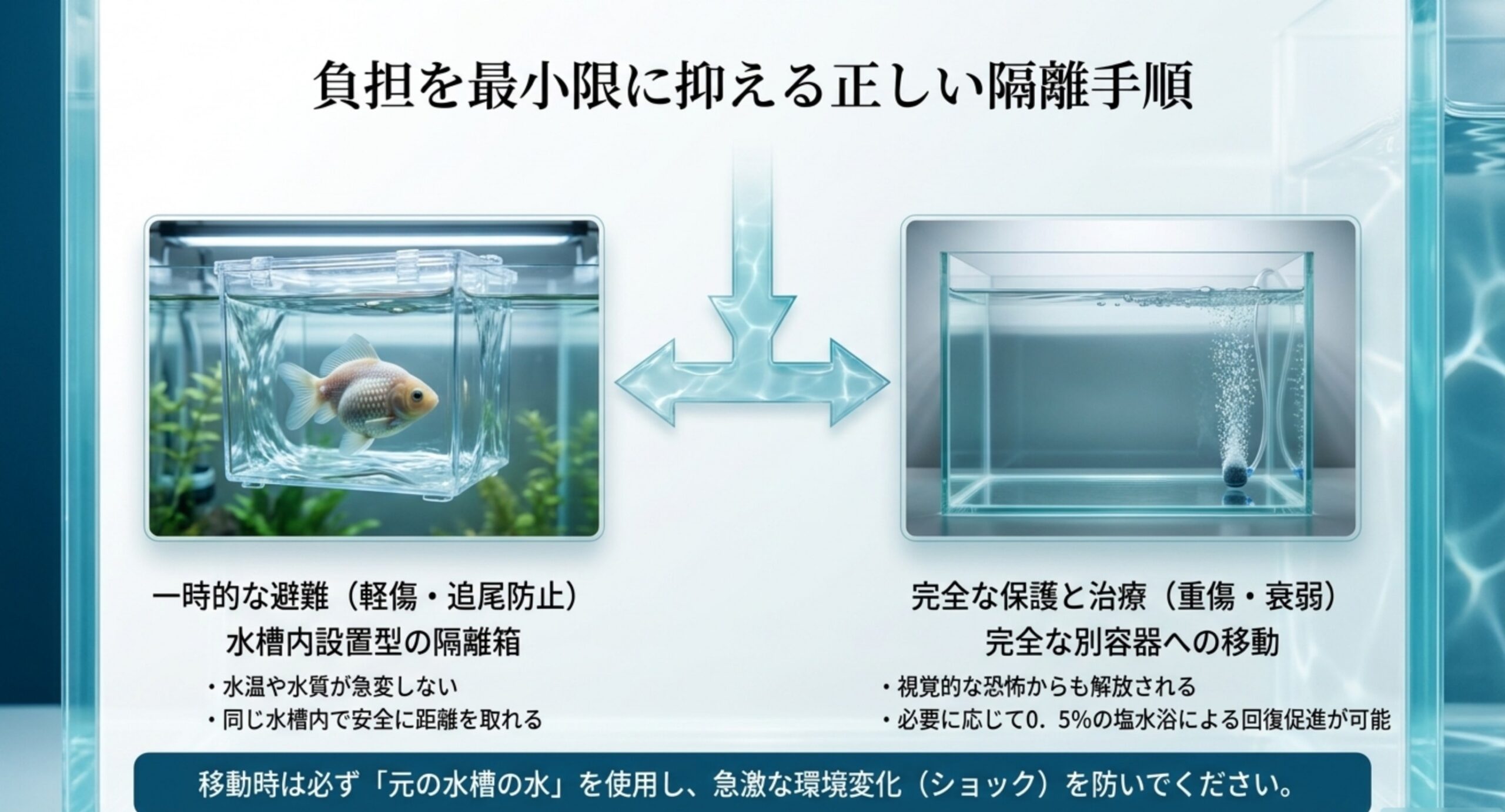 負担を最小限に抑える隔離手順 水槽内に設置する隔離箱と別容器への移動を、軽傷と重傷で使い分ける隔離方法の比較図