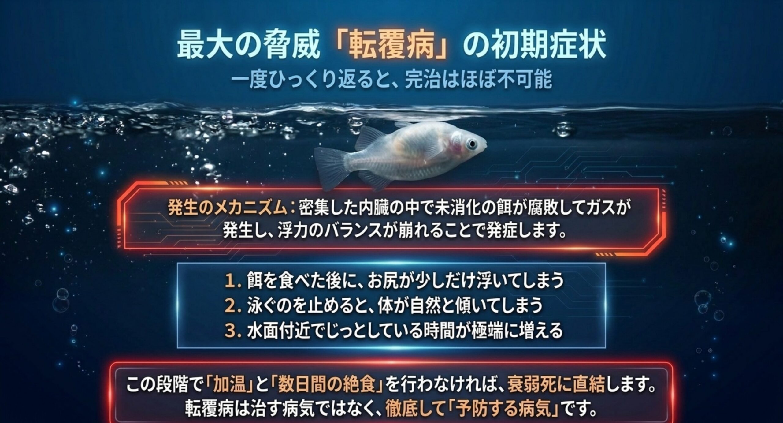 転覆病の初期症状と発生の仕組み 未消化の餌が腐敗してガスが発生し浮力が崩れる転覆病の仕組みと、食後にお尻が浮くなど3つの初期症状を示した図