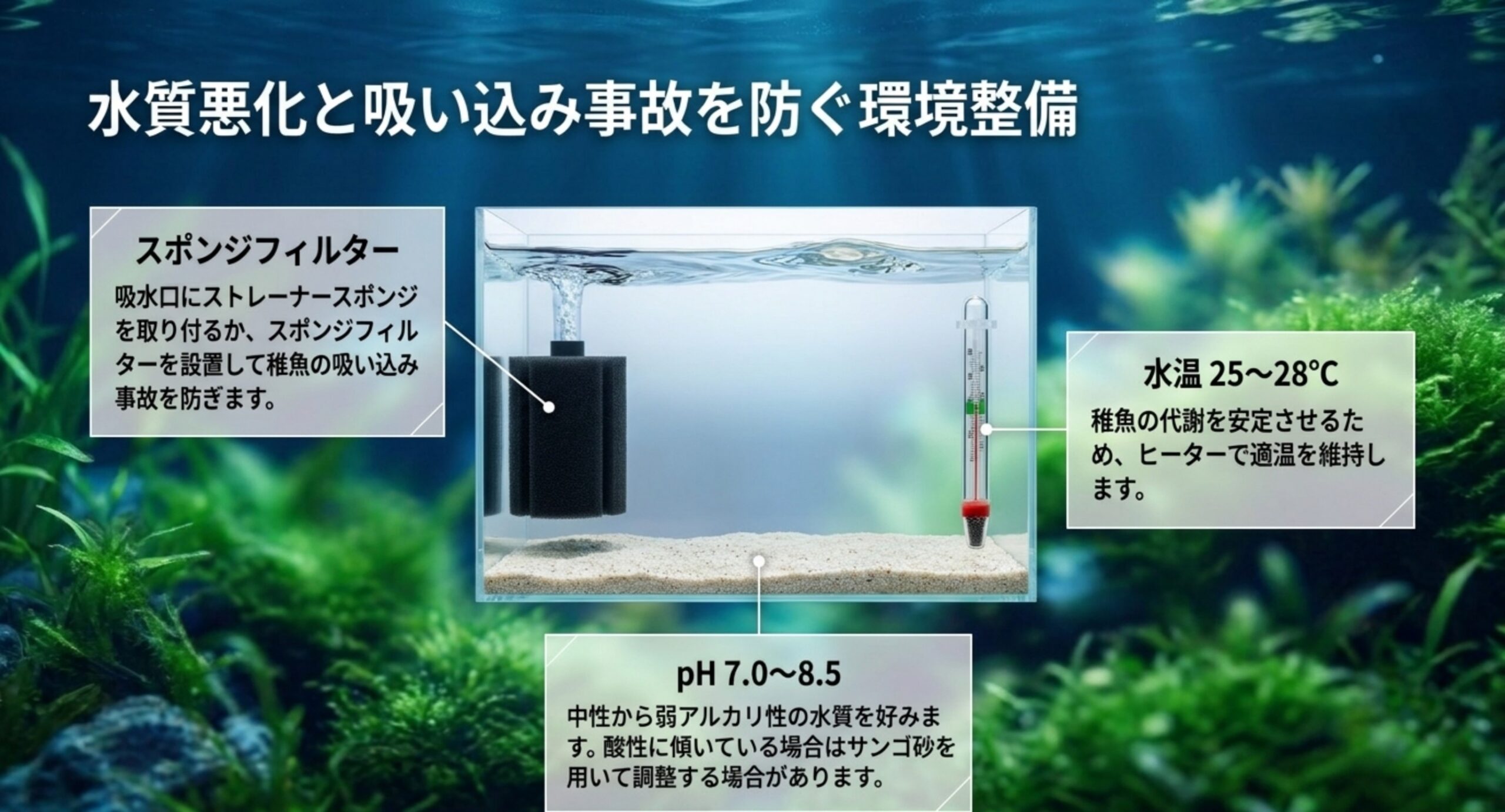 吸水口のストレーナースポンジによる吸い込み防止、水温25〜28度、pH7.0〜8.5という稚魚育成の環境条件を示した図