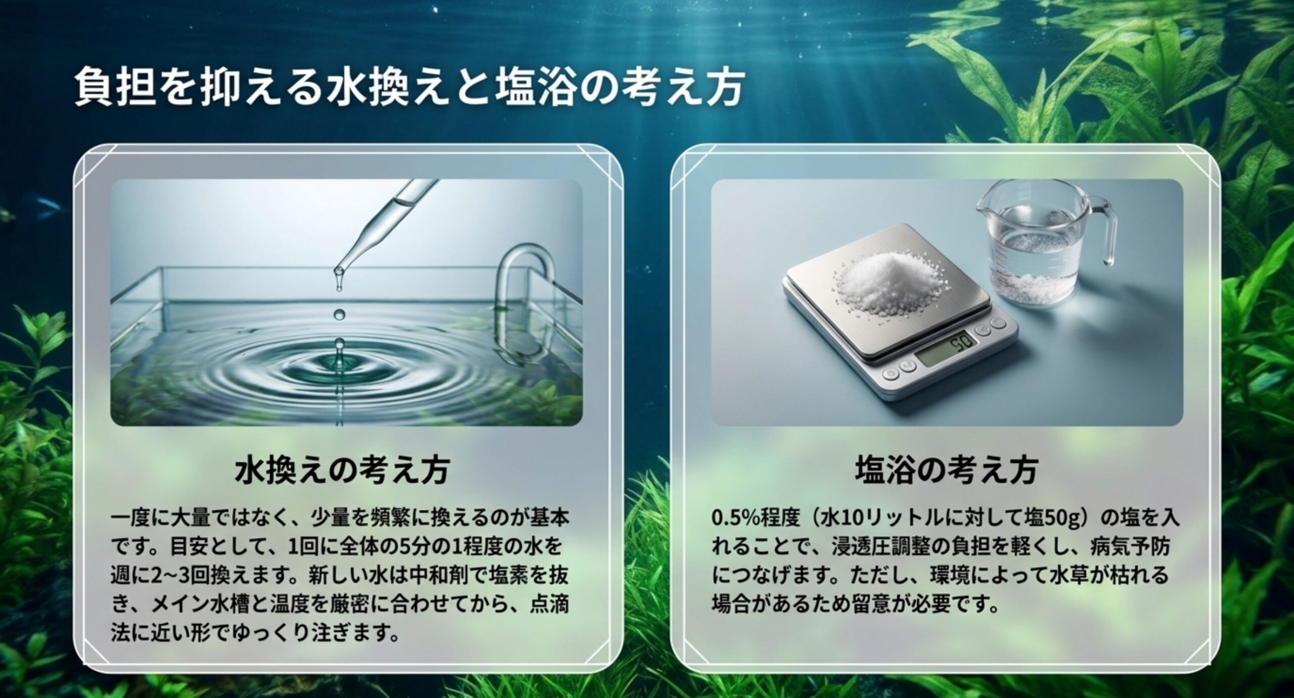 1回に5分の1を週2〜3回という水換えの目安と、0.5パーセント（水10リットルに塩50グラム）の塩浴の考え方を並べた図