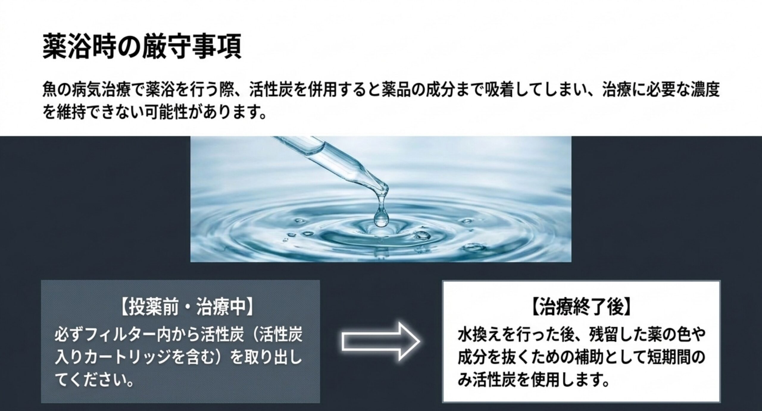 投薬前と治療中は活性炭を取り出し、治療終了後に残った薬を抜く補助として短期間だけ使うという手順を示した図