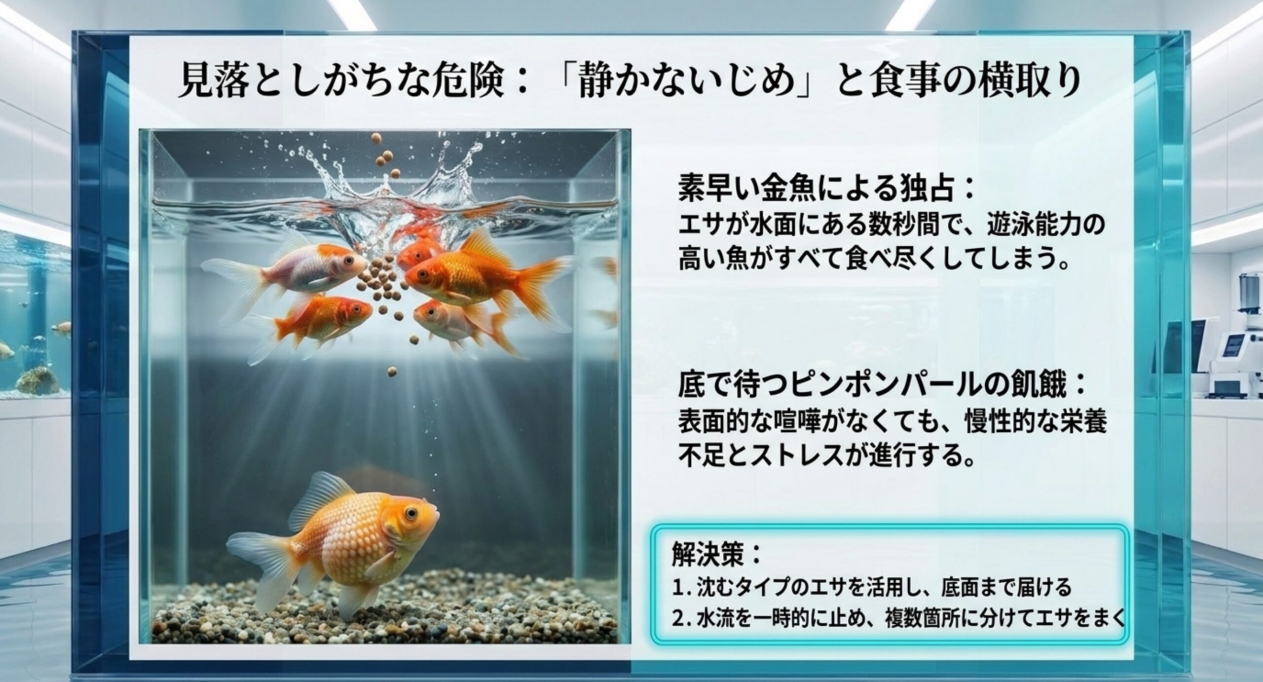 静かないじめとエサの横取り 水面のエサを泳ぎの速い金魚が食べ尽くし、底で待つピンポンパールに届かない状況と、沈下性フードによる解決策を示した図