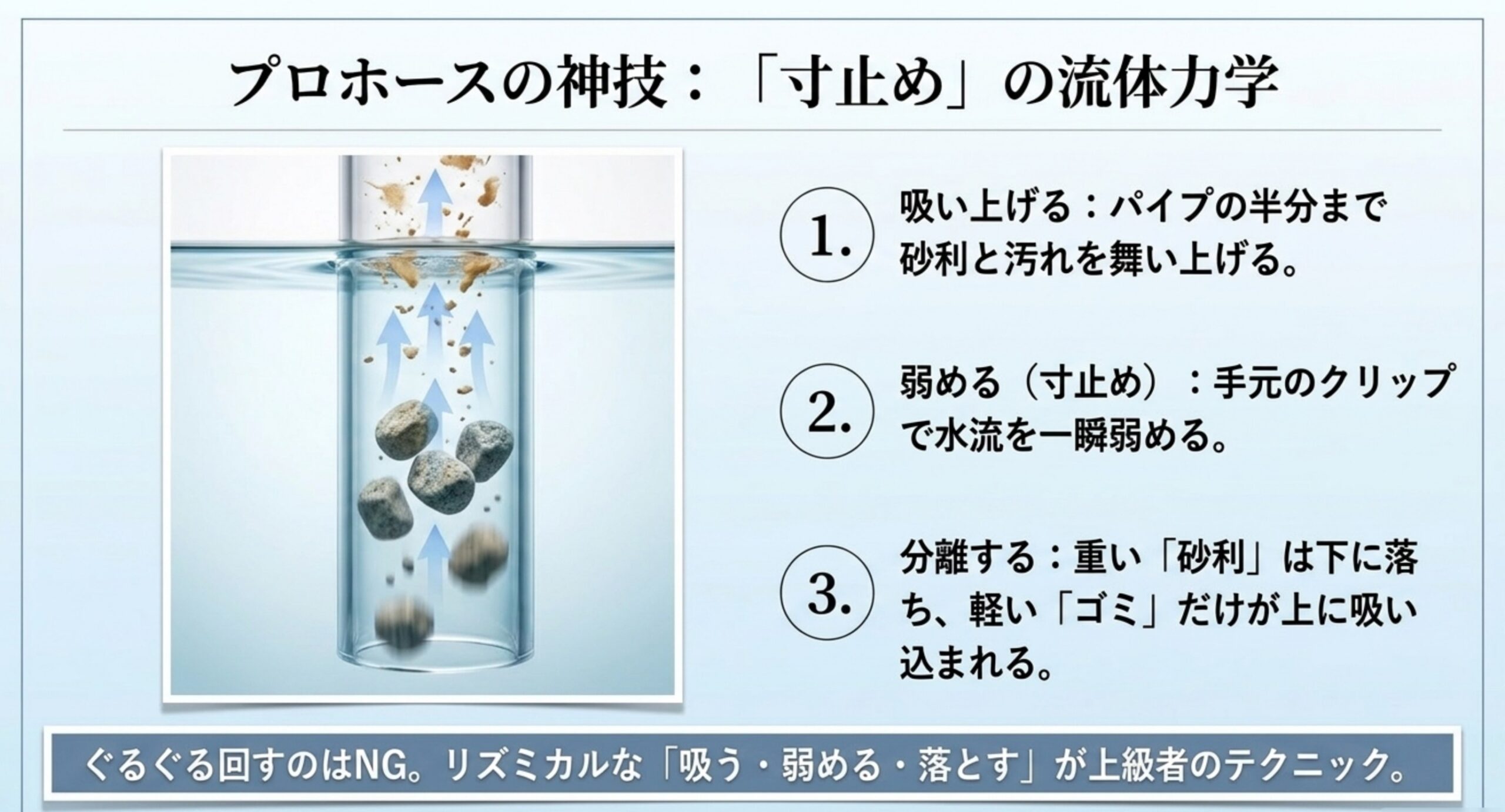 プロホースの寸止めテクニック 吸い上げ・寸止め・分離という3段階で、重い砂利を落としながら軽いゴミだけを吸い出すプロホースの操作手順の図