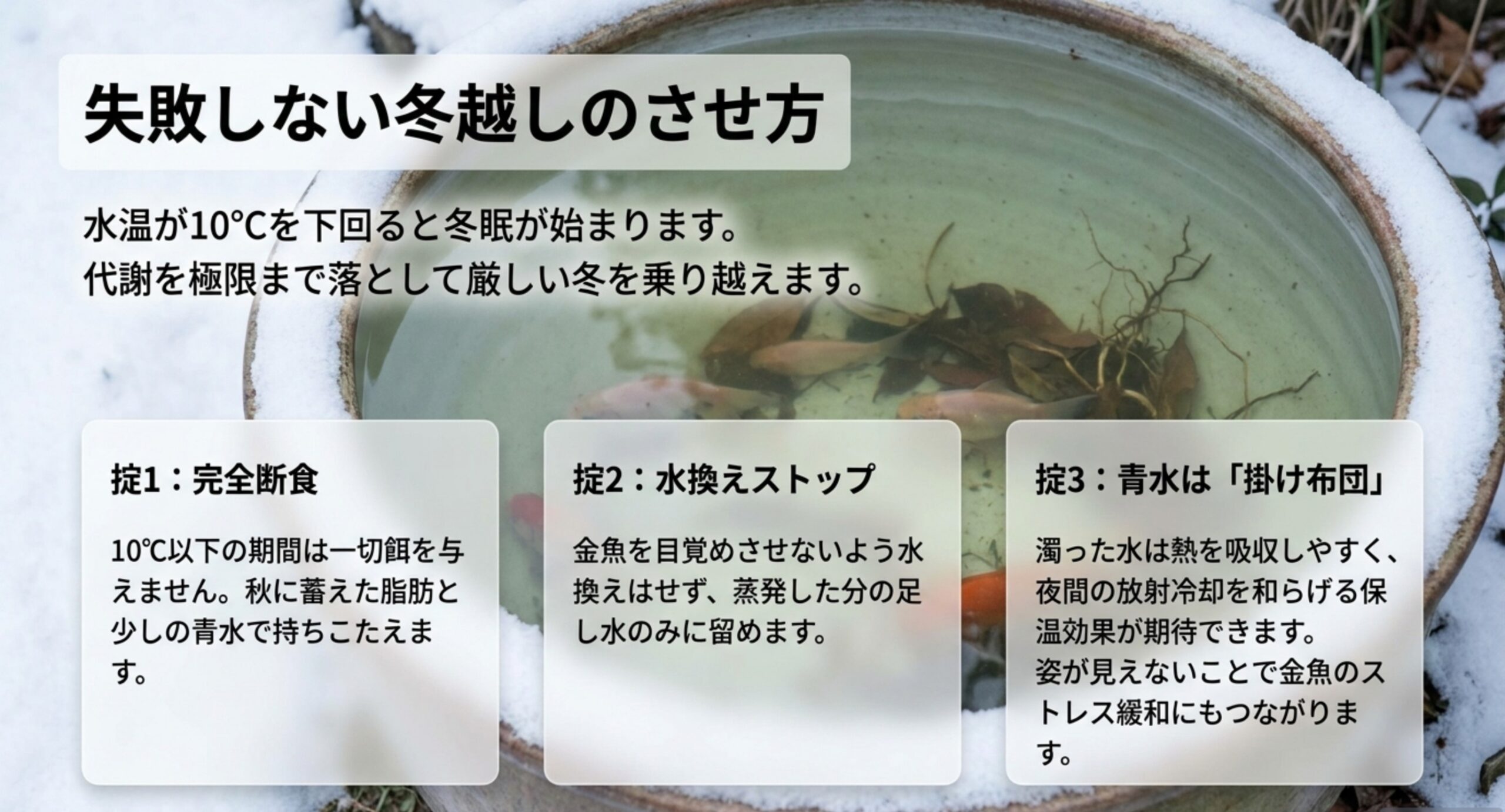 冬眠を成功させる3つの掟 完全断食・水換えストップ・青水を保温に使うという冬越しの要点