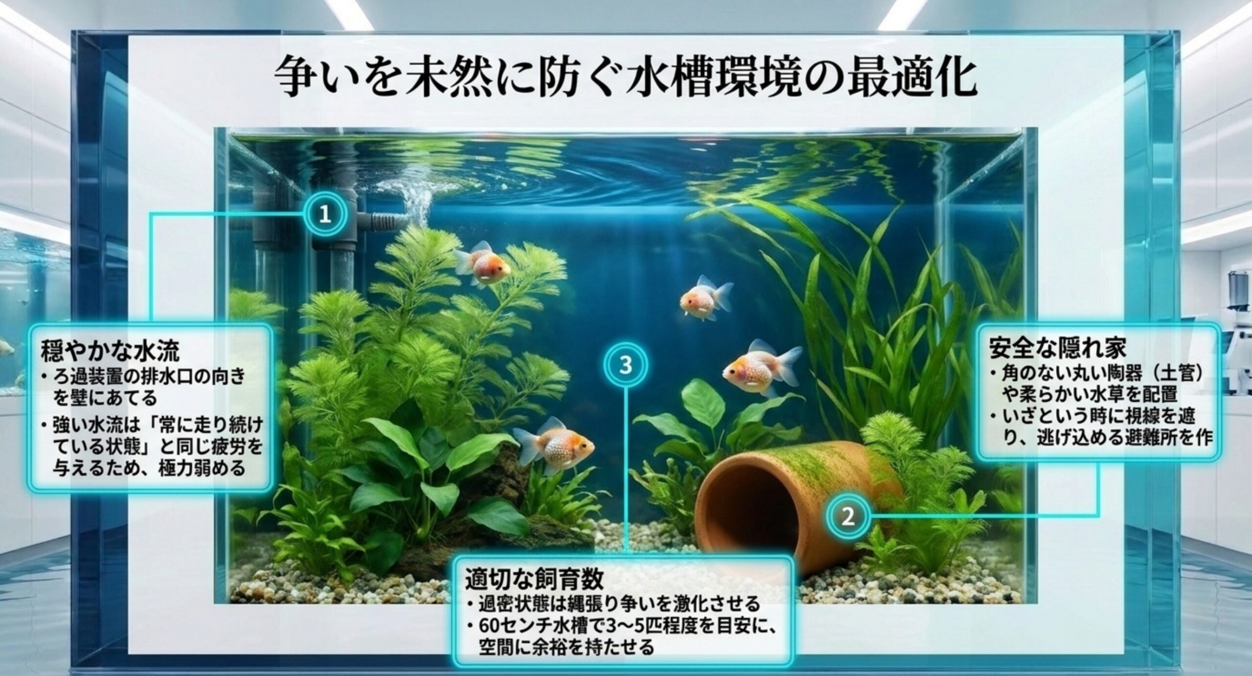 争いを未然に防ぐ水槽環境 穏やかな水流、角のない隠れ家、適切な飼育数の3点でピンポンパールのストレスを減らす水槽レイアウトの図
