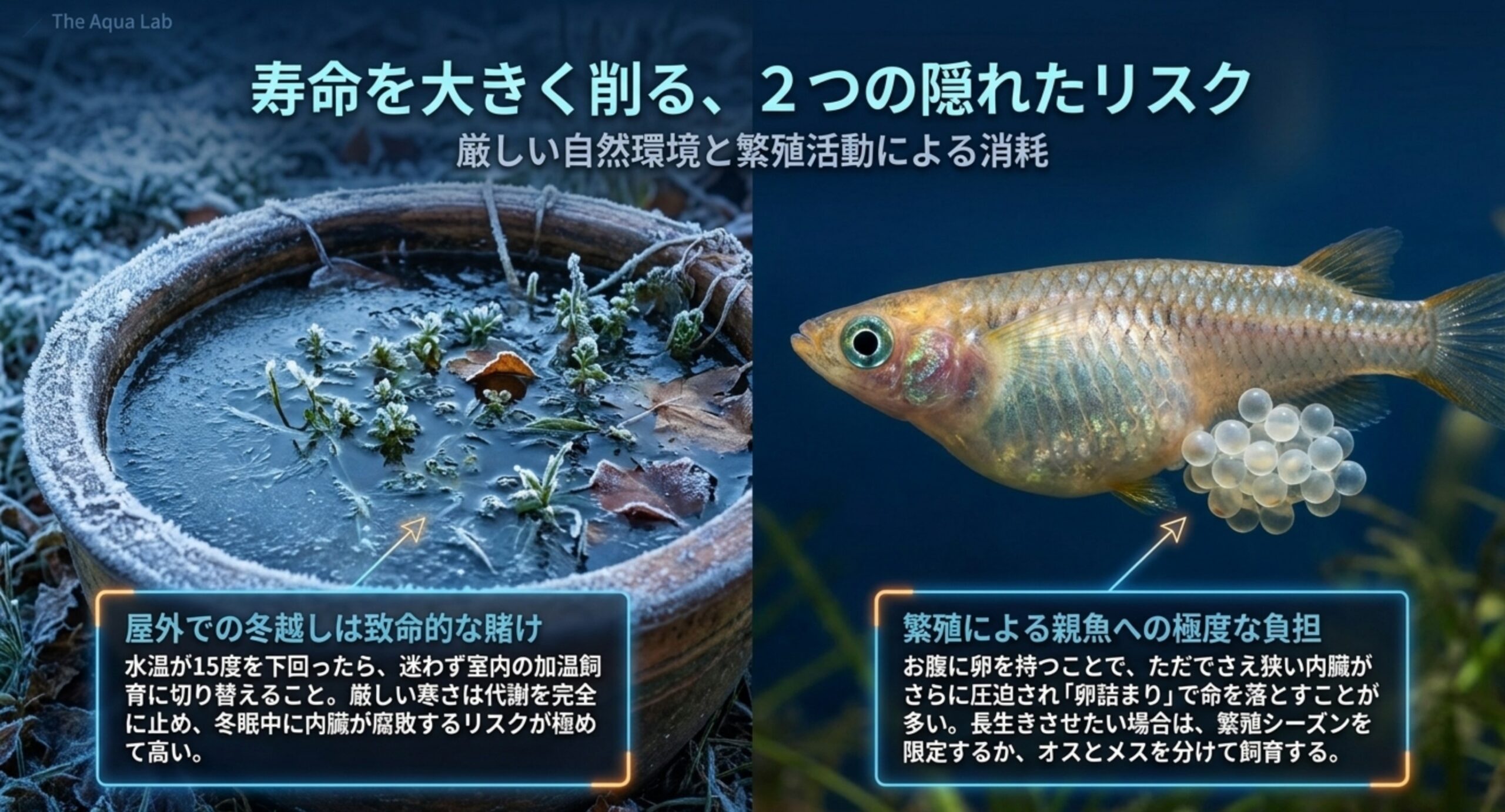 寿命を削る冬越しと繁殖のリスク 凍った屋外容器と抱卵したメダカを並べ、冬越しの失敗と卵詰まりという寿命を縮める2つのリスクを示した図